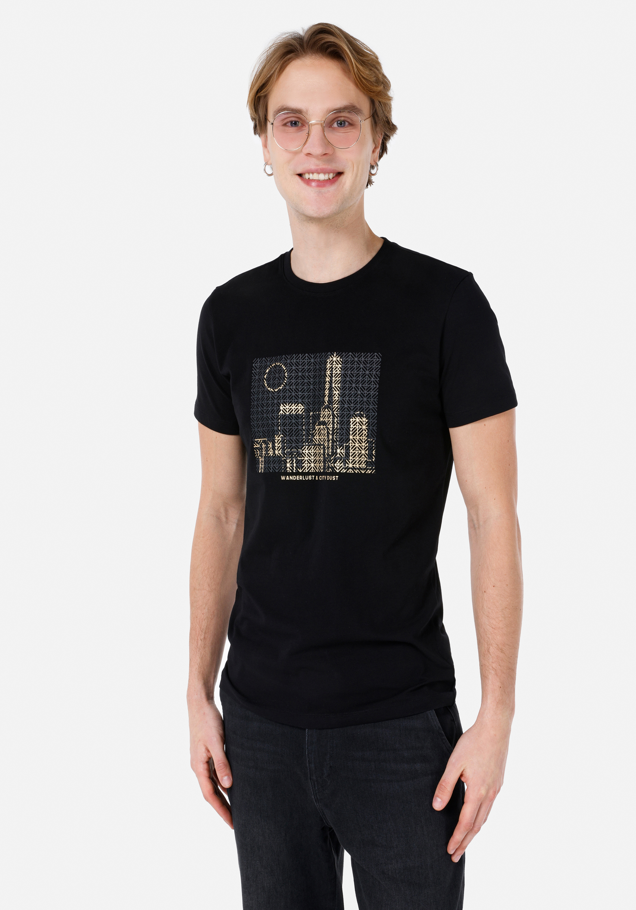 Показать информацию о Slim fit круглый вырез прямая мужская черная футболка с коротким рукавом