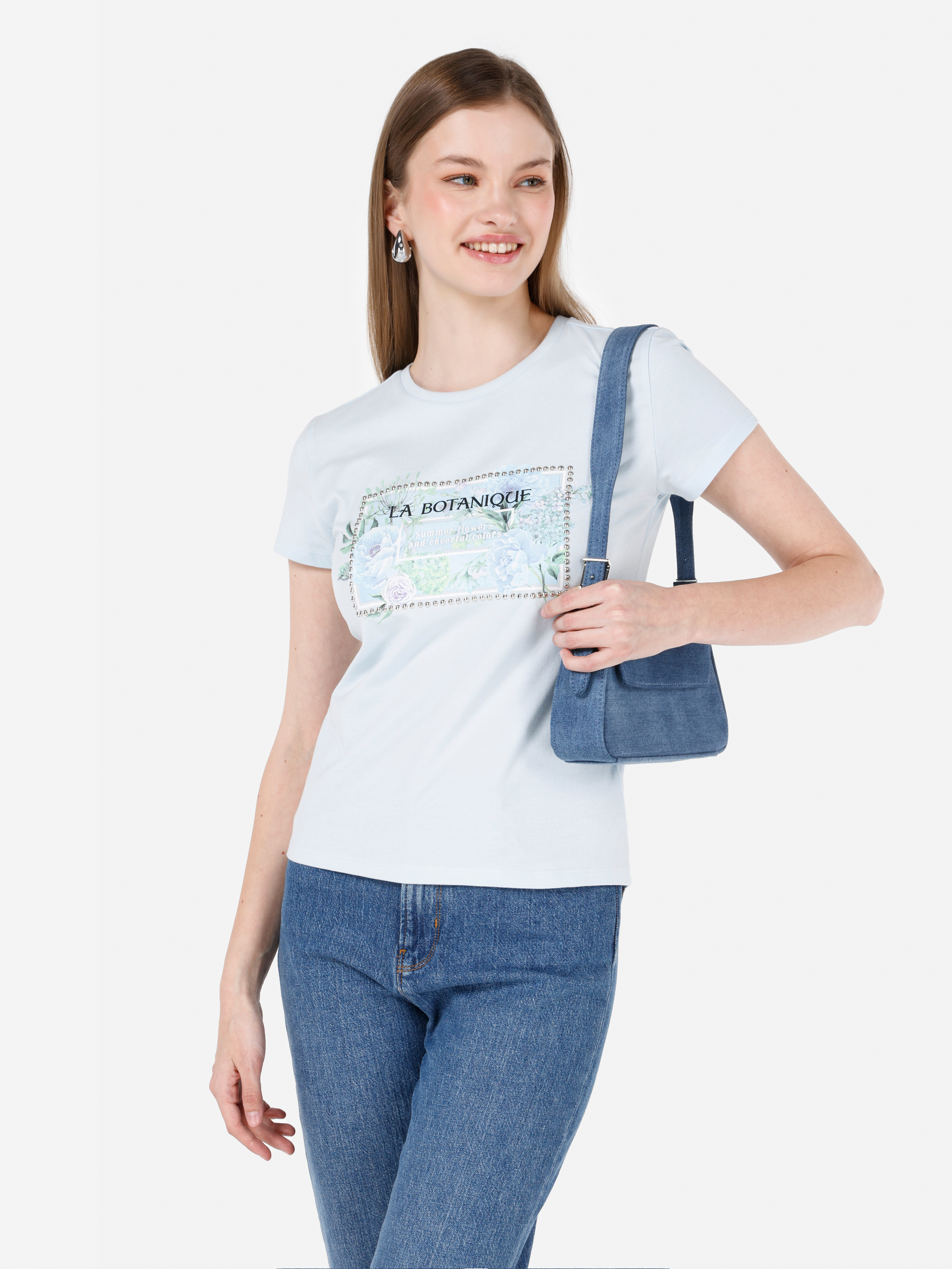 Показать информацию о Slim fit женская синяя футболка с коротким рукавом и круглым вырезом
