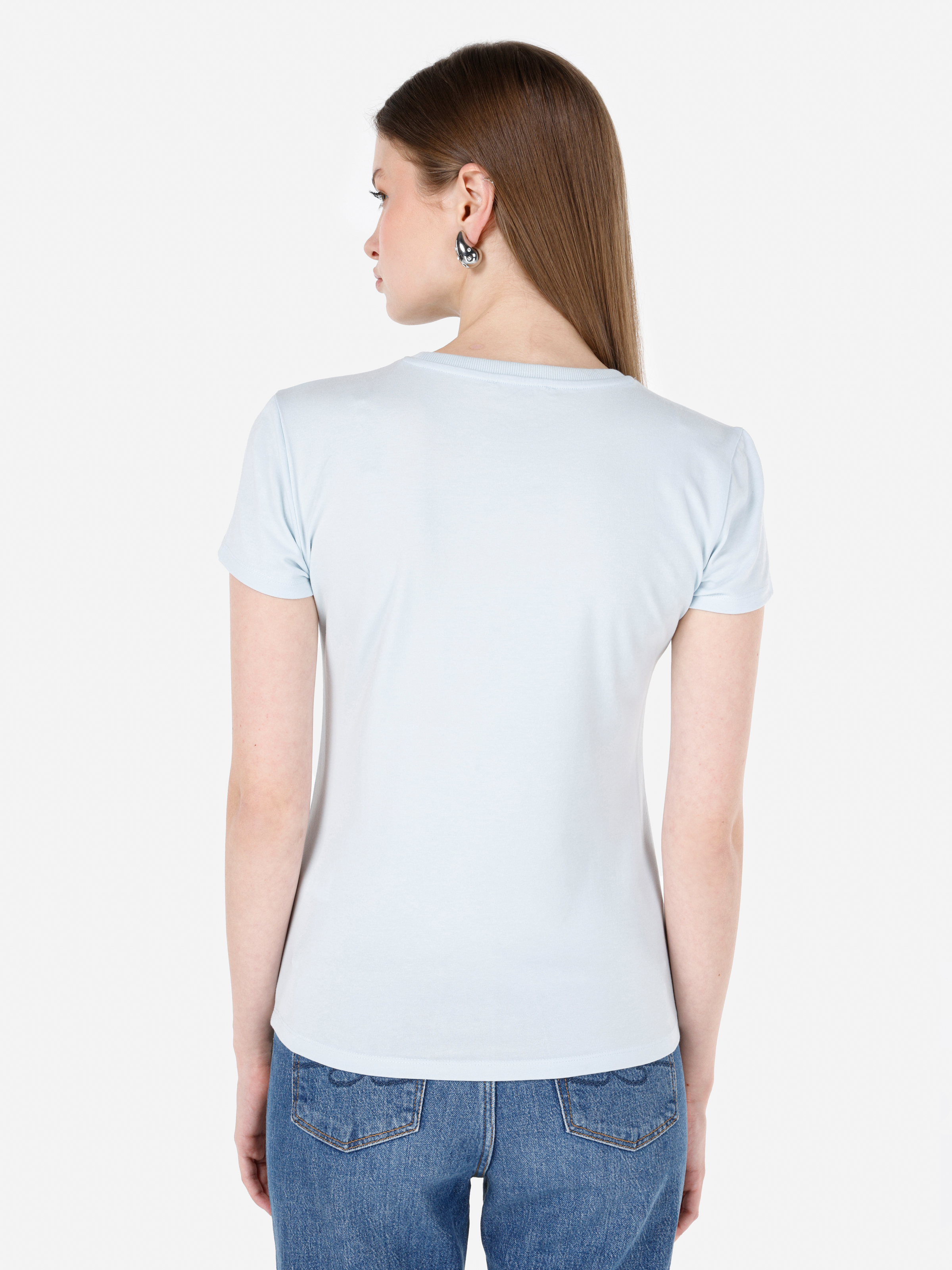 Показать информацию о Slim fit женская синяя футболка с коротким рукавом и круглым вырезом
