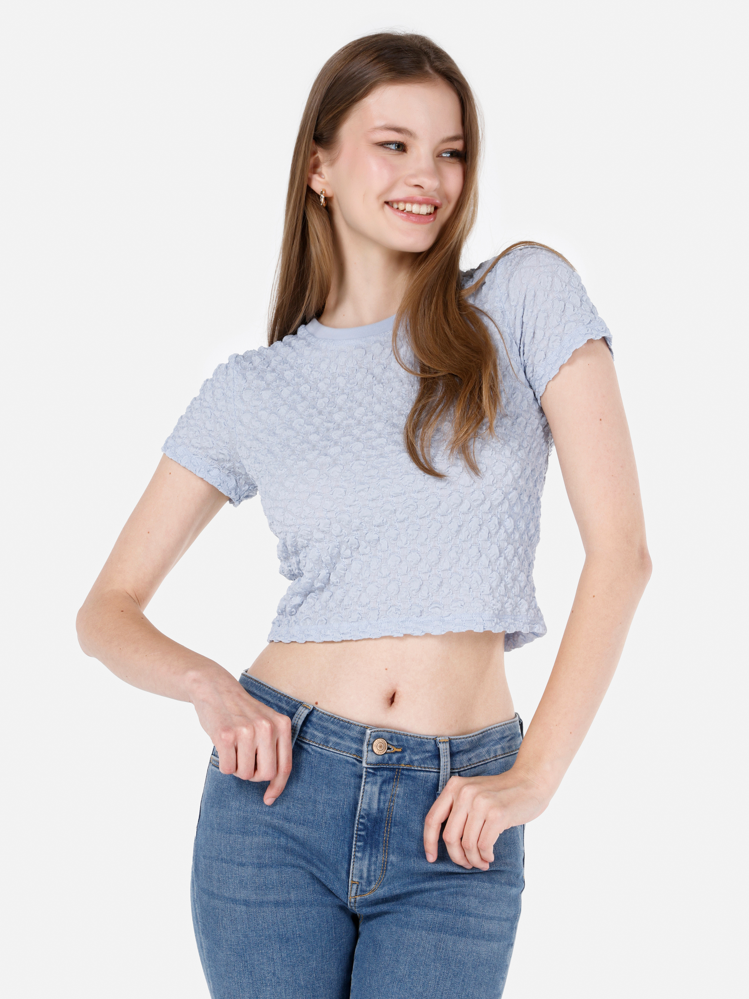 Показать информацию о Slim fit женская синяя футболка с коротким рукавом и круглым вырезом