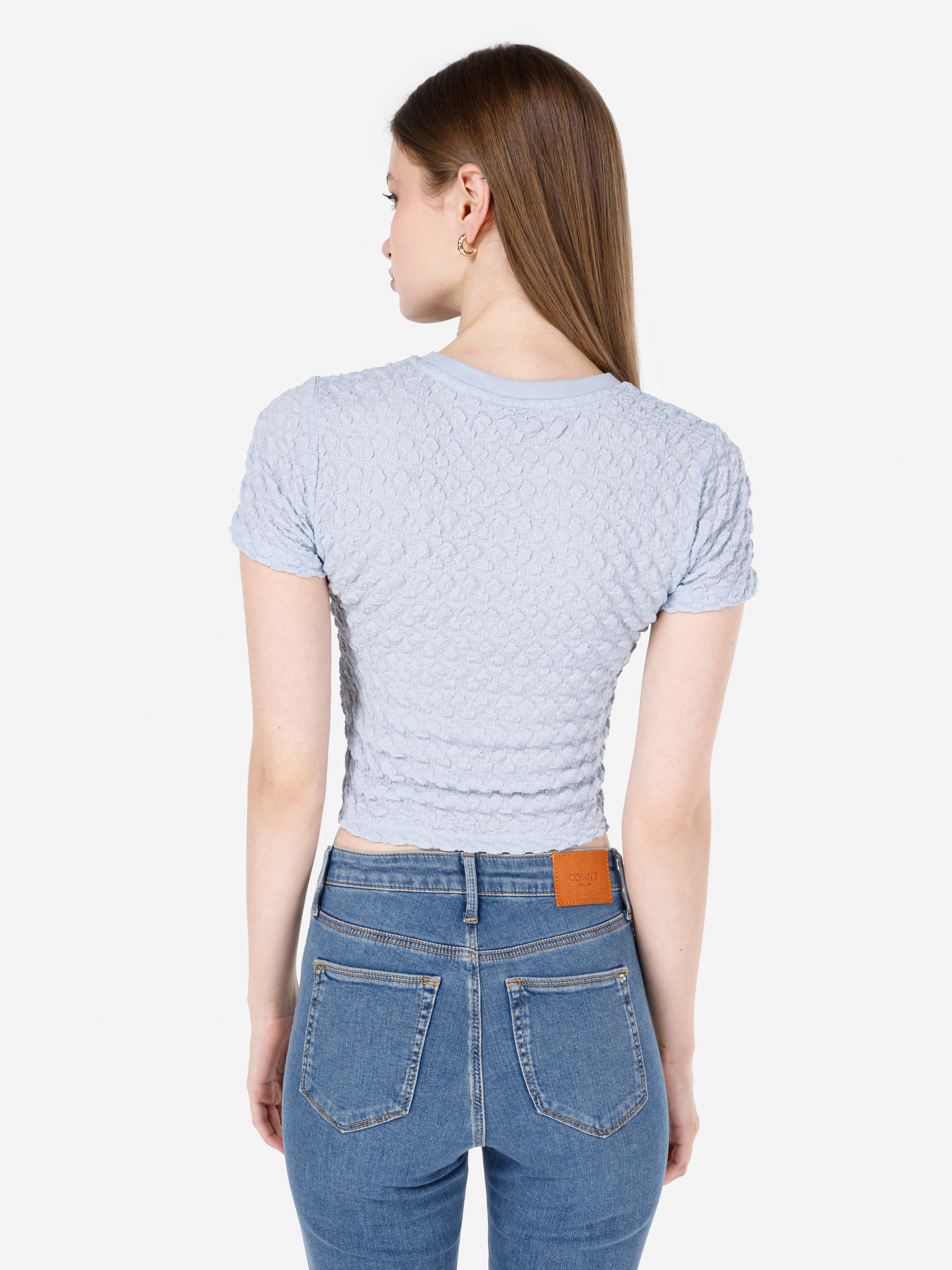 Показать информацию о Slim fit женская синяя футболка с коротким рукавом и круглым вырезом