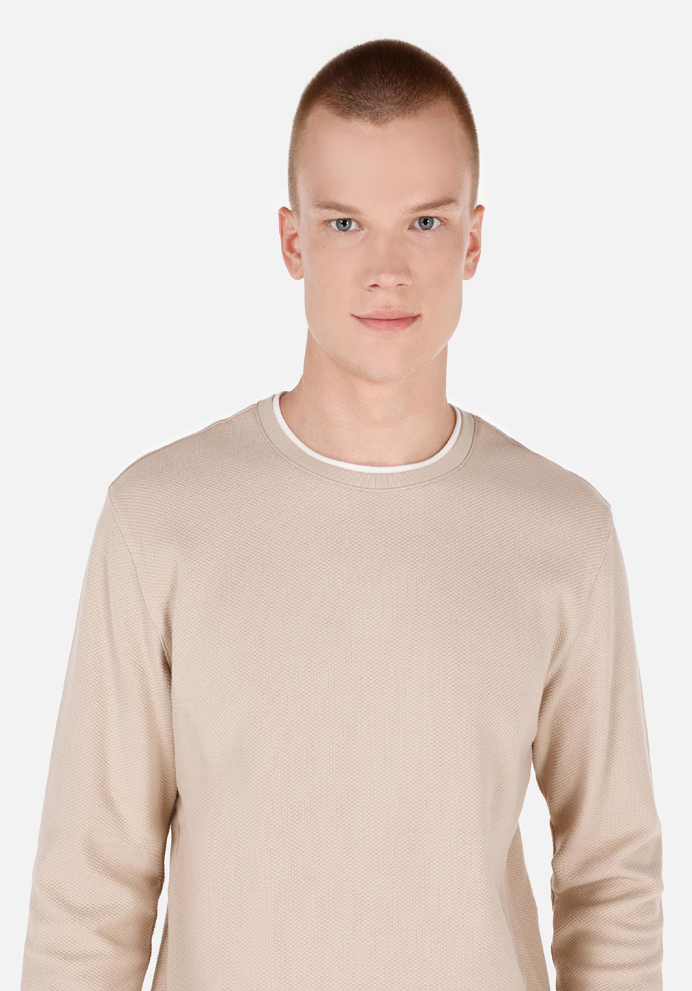 Показать информацию о Мужская бежевая футболка базовая с круглым вырезом и длинным рукавом