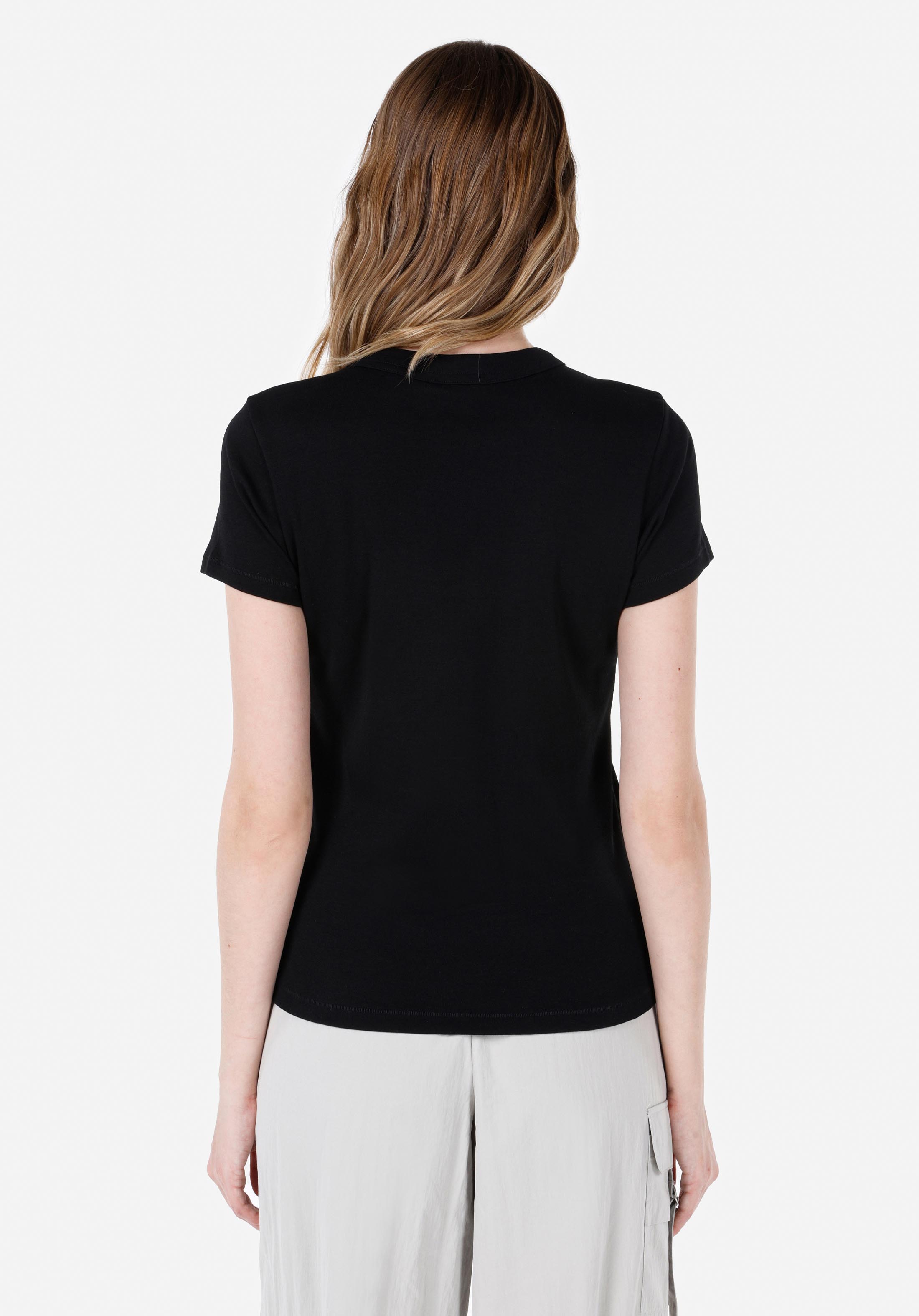 Показать информацию о Slim fit круглый вырез прямая женская черная футболка с коротким рукавом