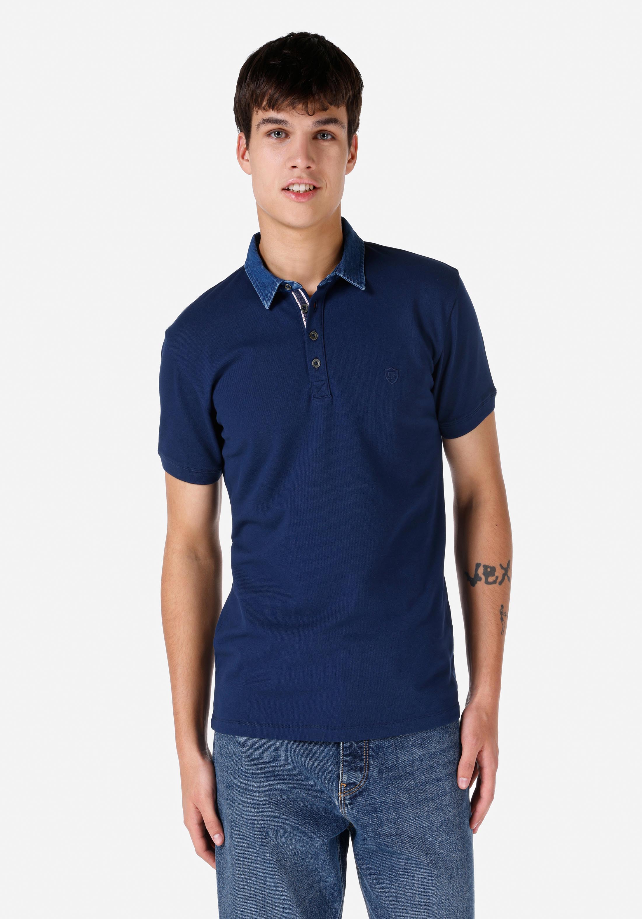 Показать информацию о Slim fit polo collar straight мужская темно-синяя футболка с коротким рукавом