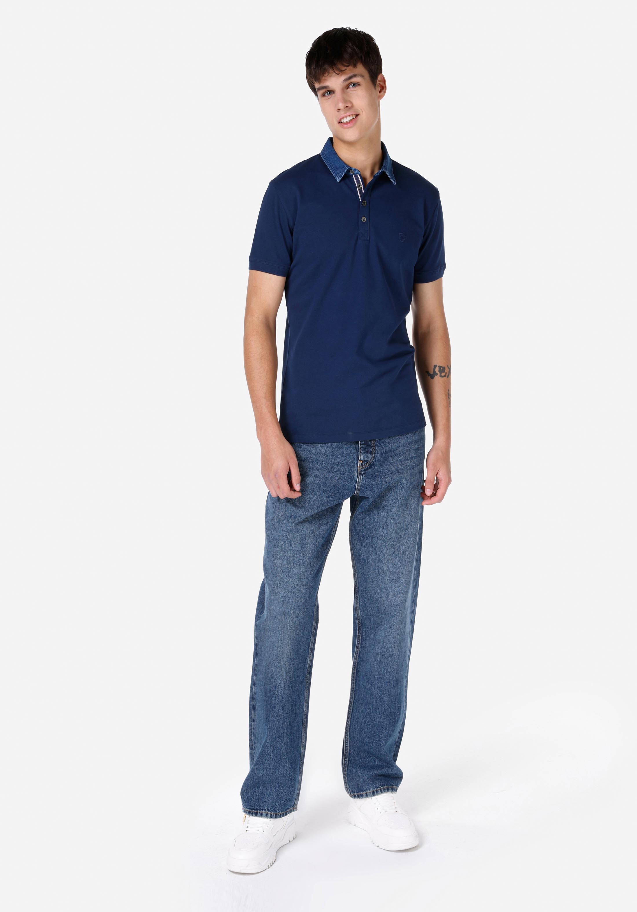 Показать информацию о Slim fit polo collar straight мужская темно-синяя футболка с коротким рукавом