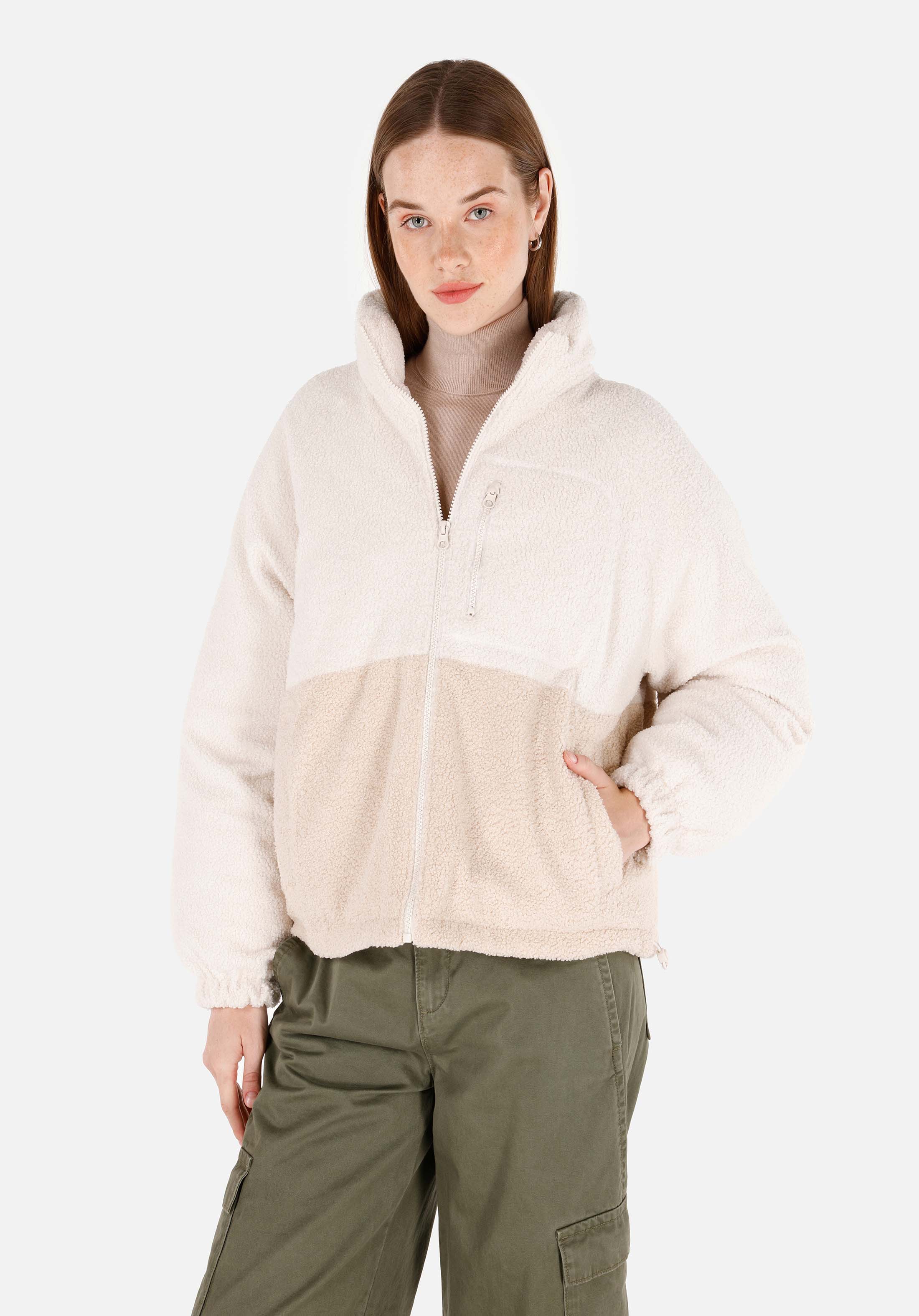 Показать информацию о Женское экрю пальто прямого кроя с воротником стойкой