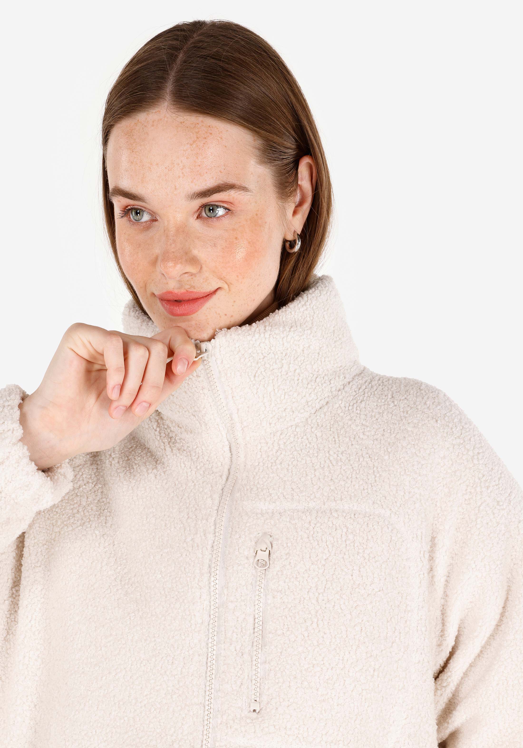 Показать информацию о Женское экрю пальто прямого кроя с воротником стойкой