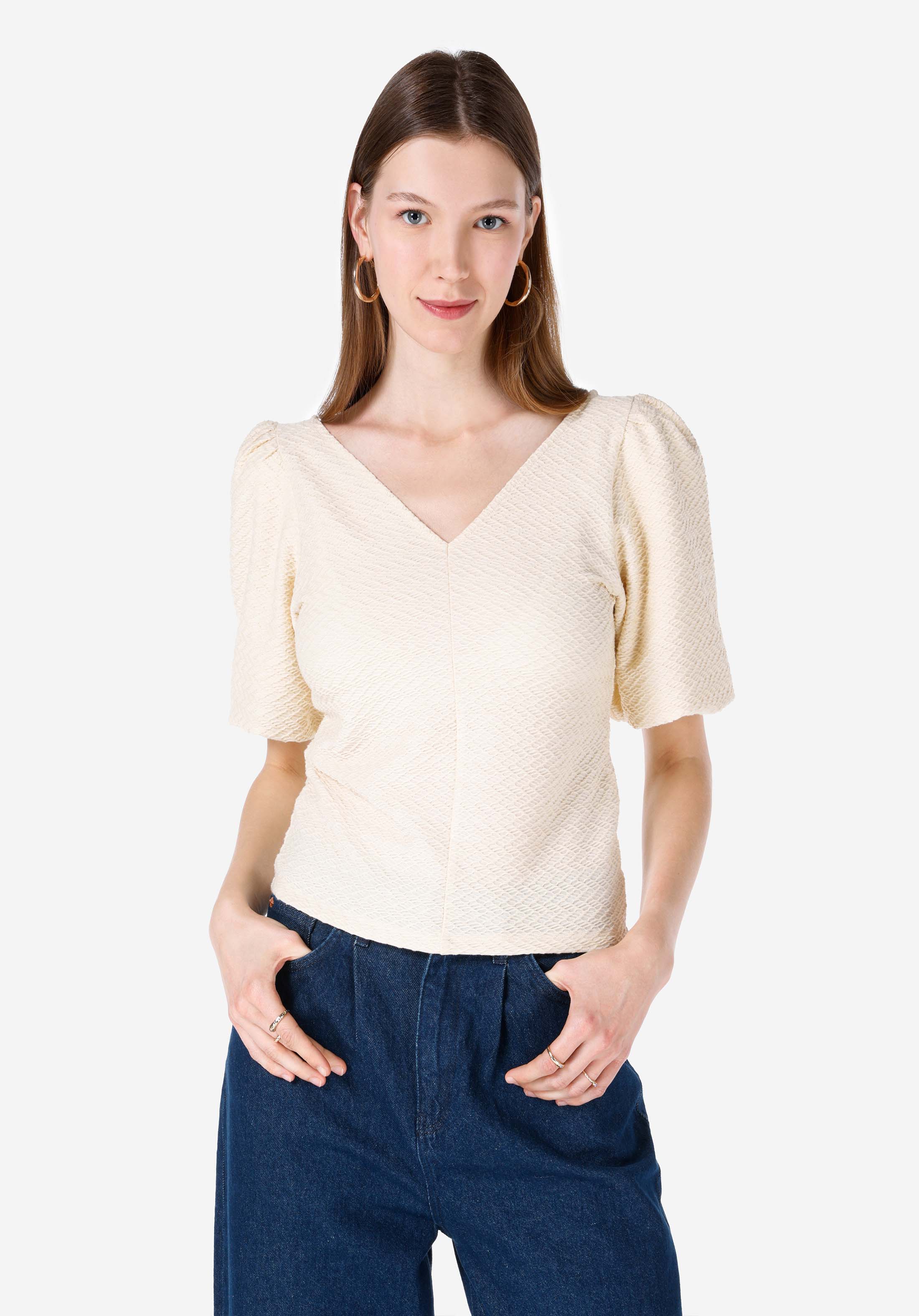Показать информацию о Slim fit v-образный вырез прямая женская футболка с коротким рукавом ecru