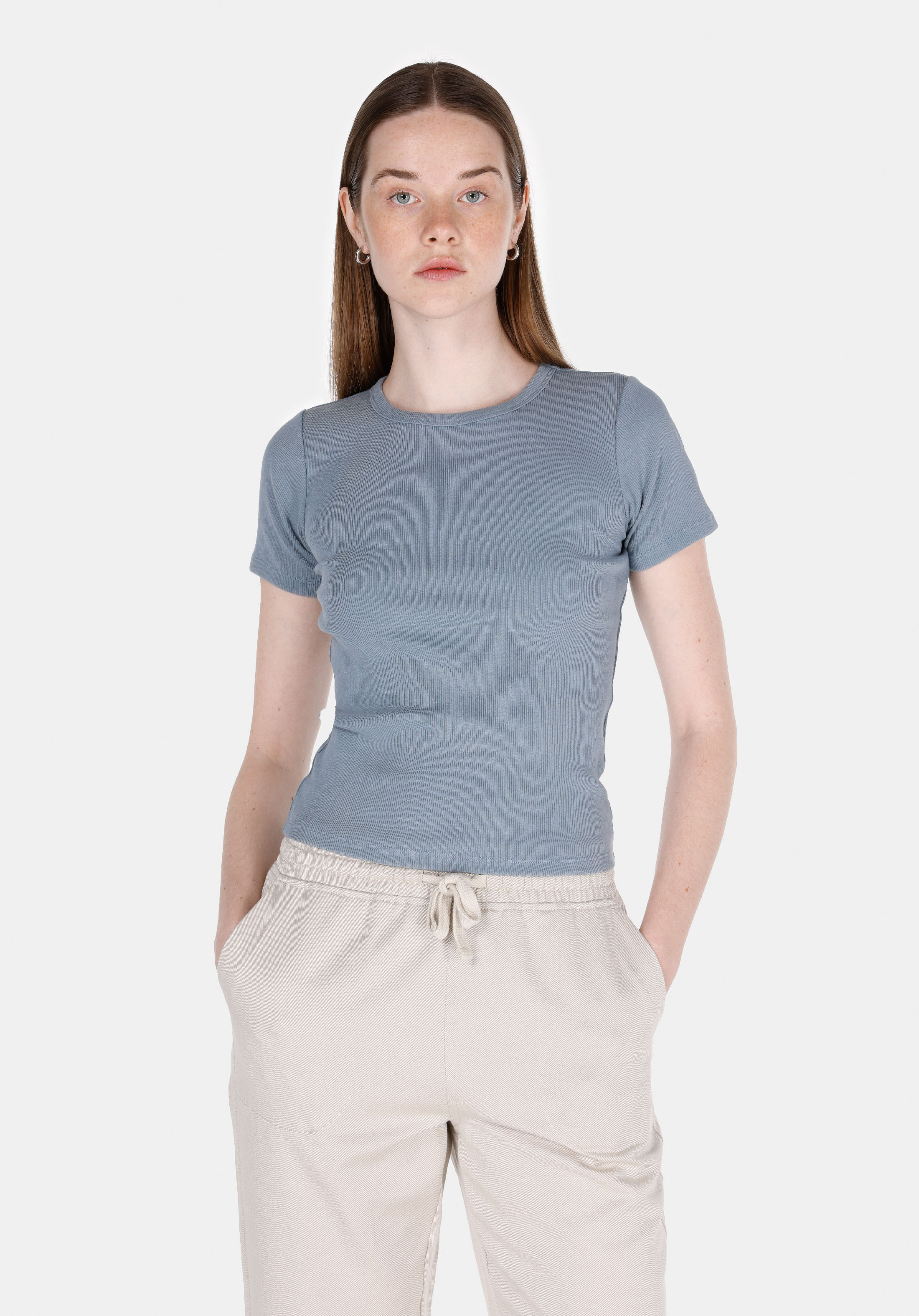 Показать информацию о Slim fit круглый воротник прямая женская синяя футболка с коротким рукавом
