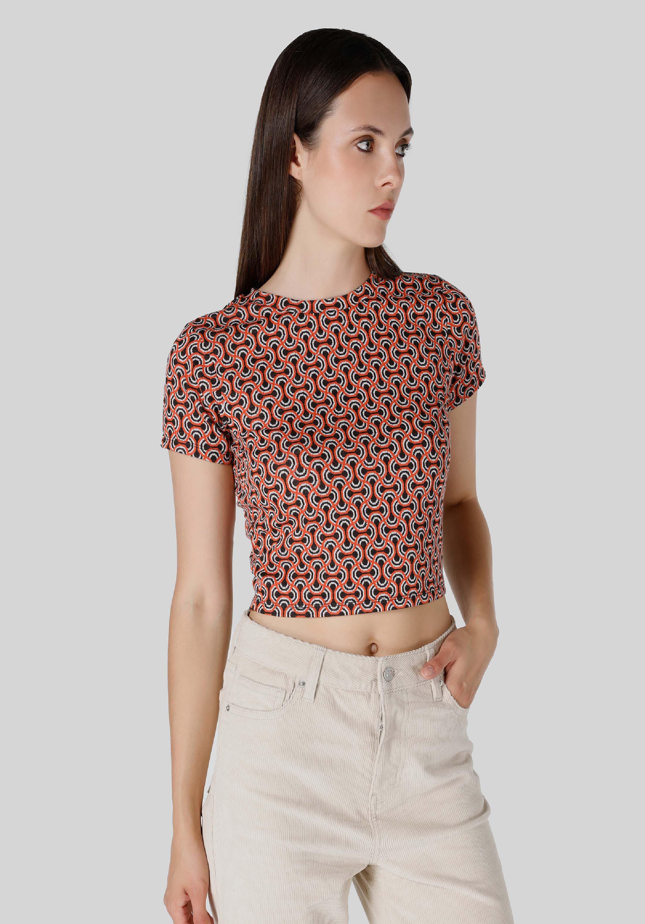 Показать информацию о Slim fit женская многоцветная футболка с коротким рукавом и круглым вырезом