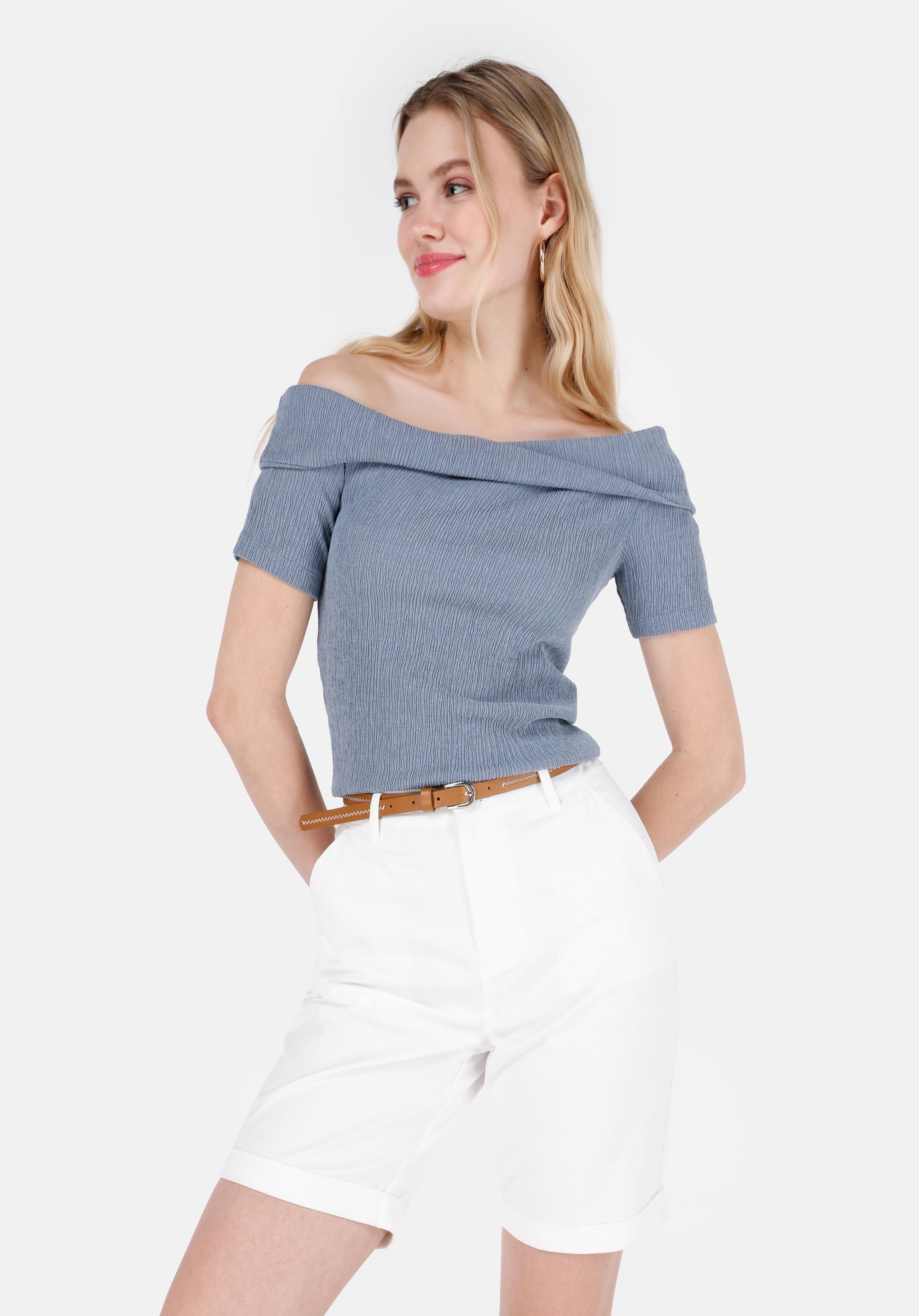 Показать информацию о Slim fit лодочка воротник прямая женская синяя футболка с рукавом 3/4