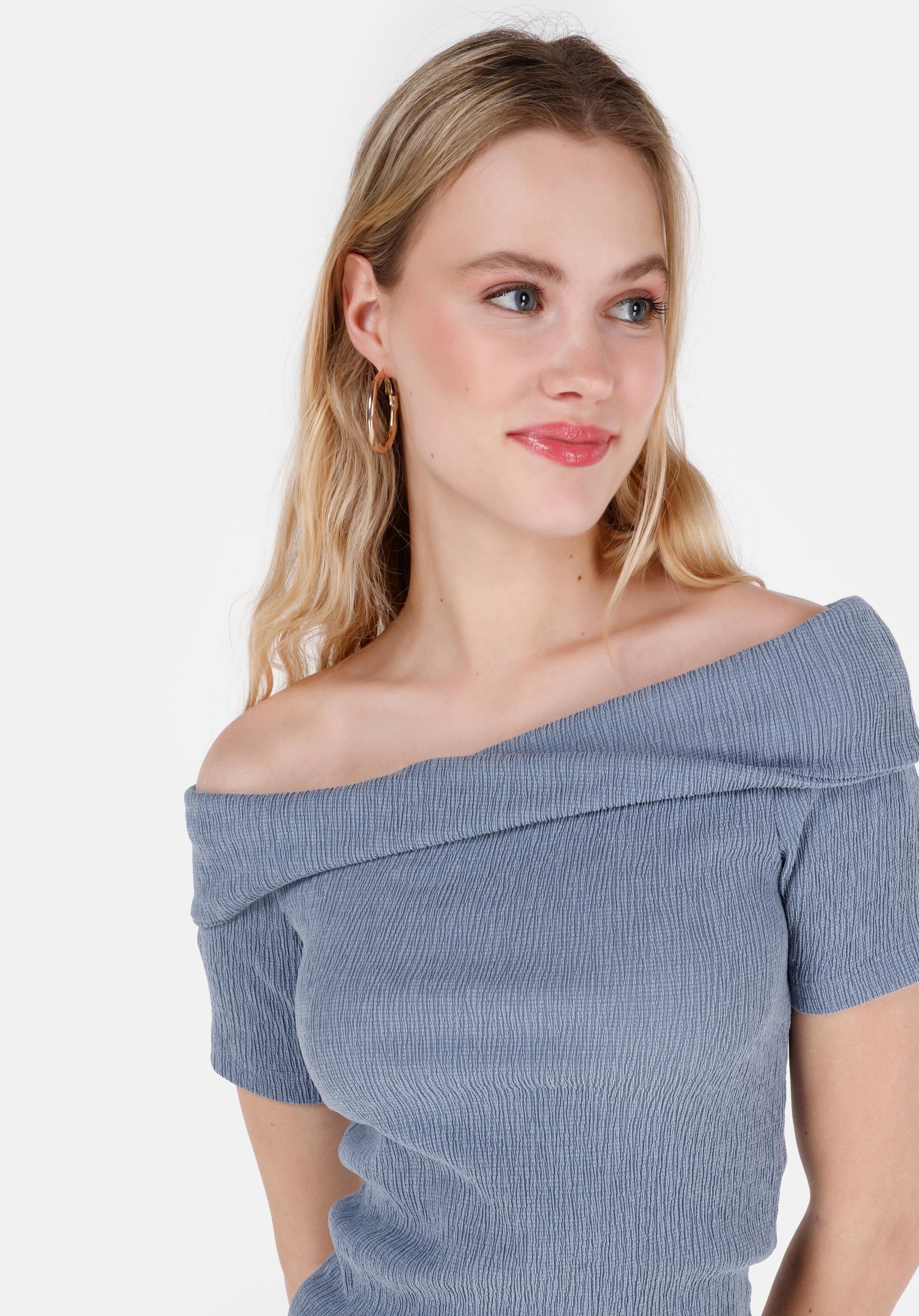 Показать информацию о Slim fit лодочка воротник прямая женская синяя футболка с рукавом 3/4