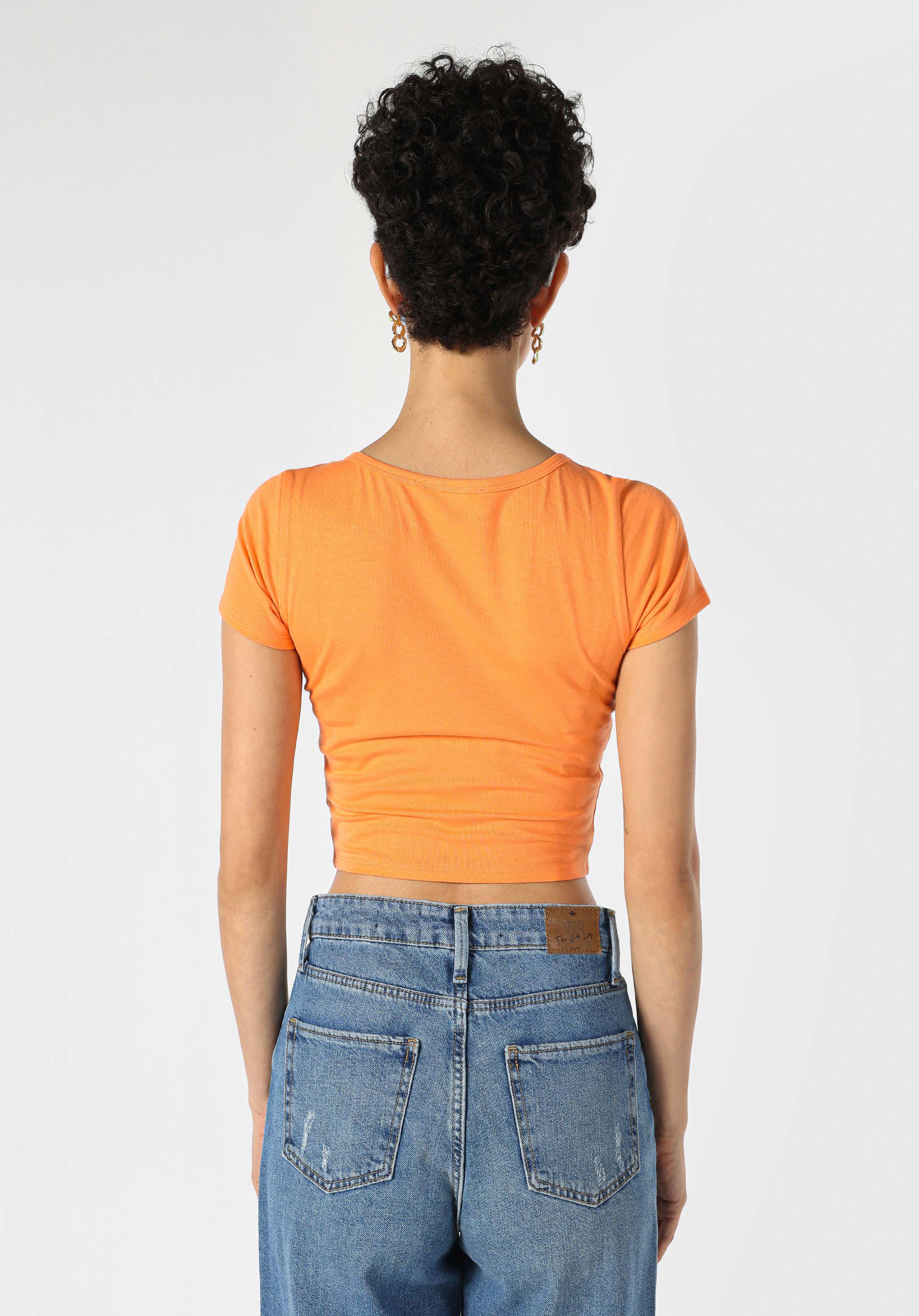 Показать информацию о Slim fit женская оранжевая футболка с коротким рукавом и квадратным вырезом
