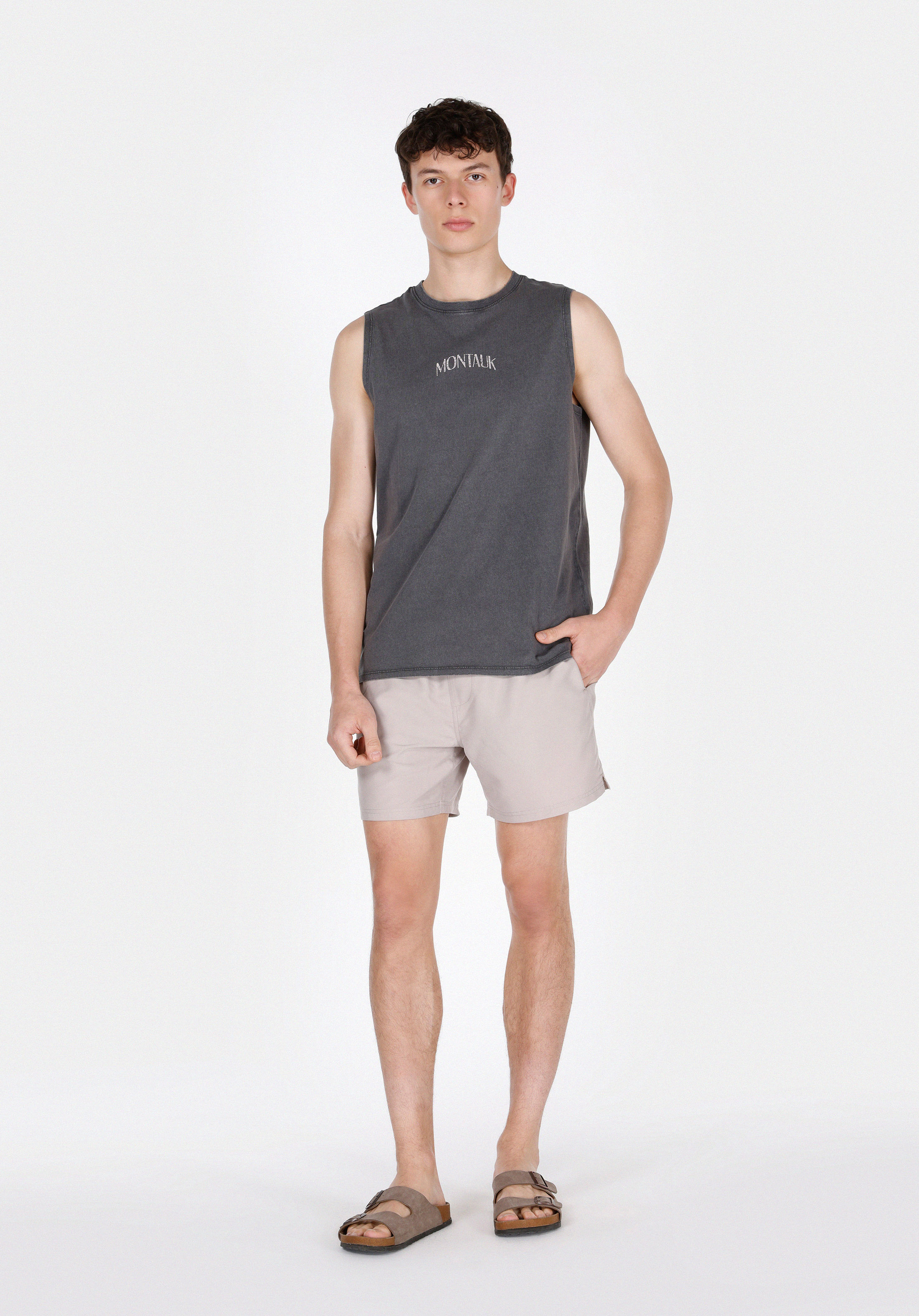 Показать информацию о Slim fit прямые мужские бежевые плавательные шорты