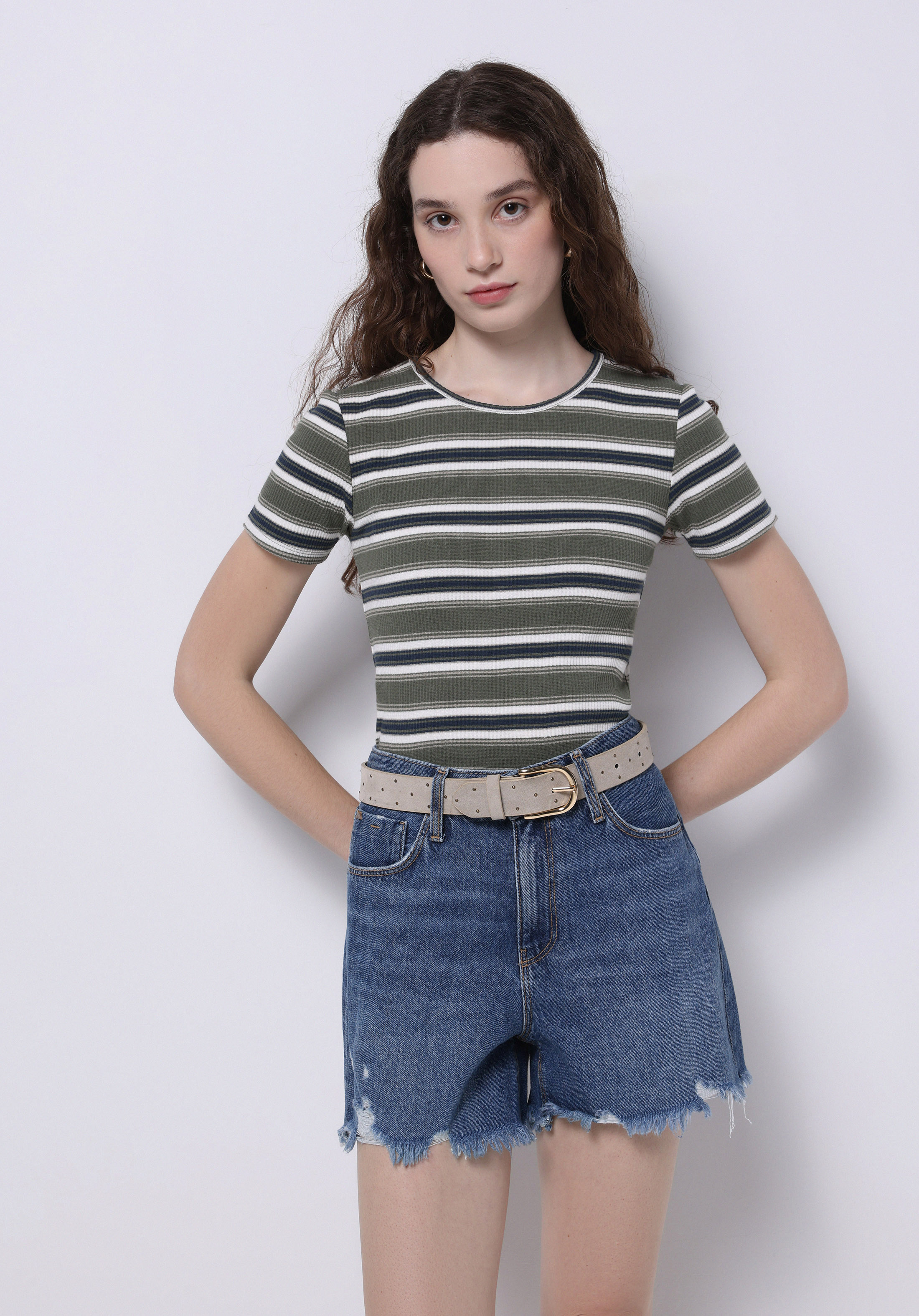 Показать информацию о Slim fit круглый воротник полосатая женская зеленая футболка с коротким рукавом