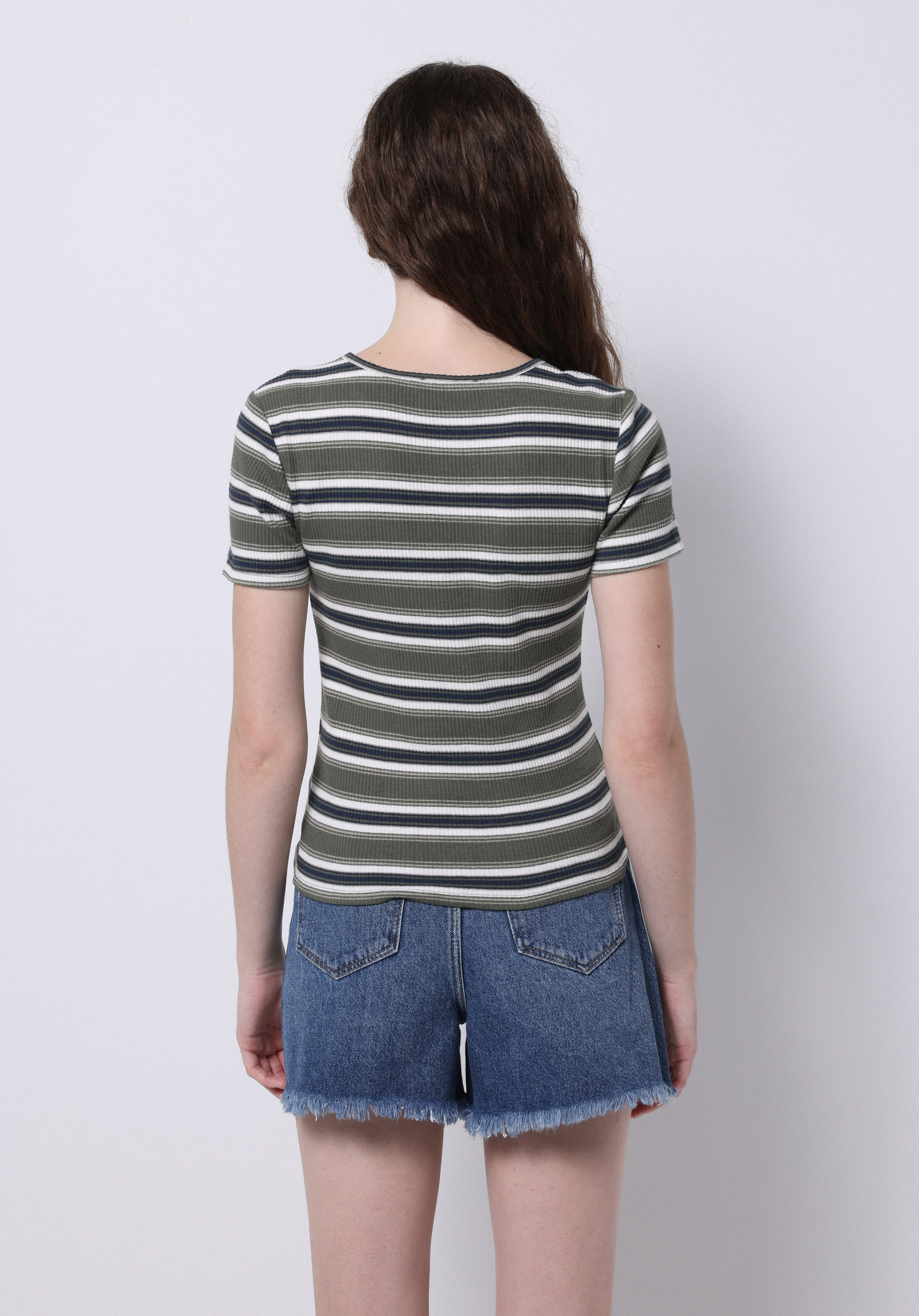 Показать информацию о Slim fit круглый воротник полосатая женская зеленая футболка с коротким рукавом