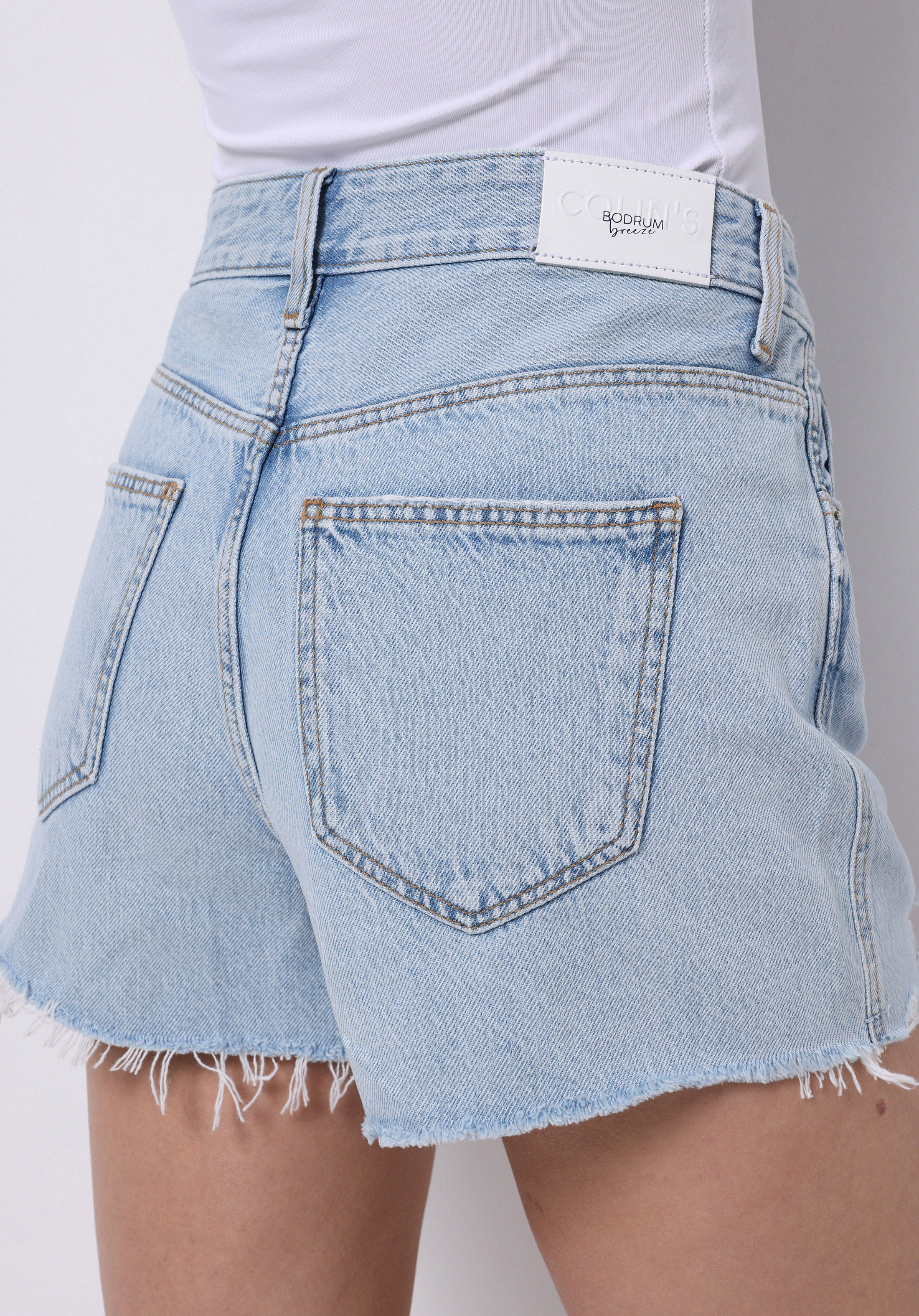 Показать информацию о Mom fit розовая талия прямые женские джинсовые шорты цвета индиго