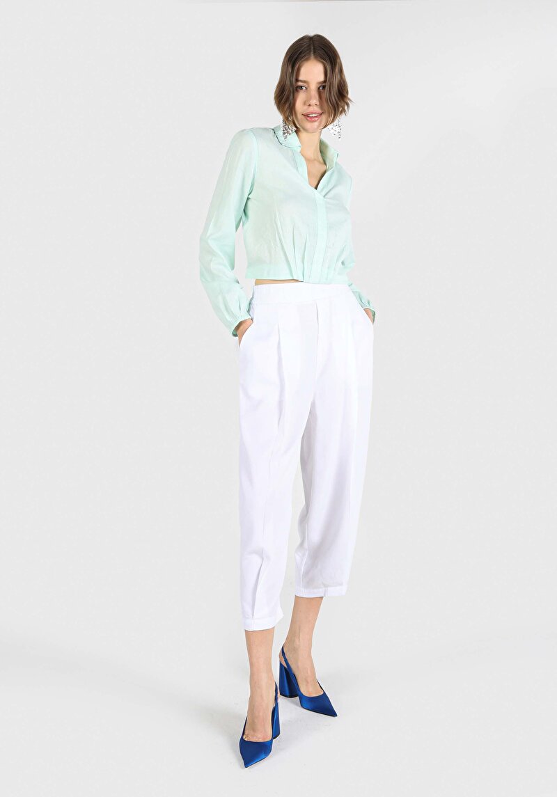 Показать информацию о Женские белые брюки с высокой посадкой и широкими штанинами