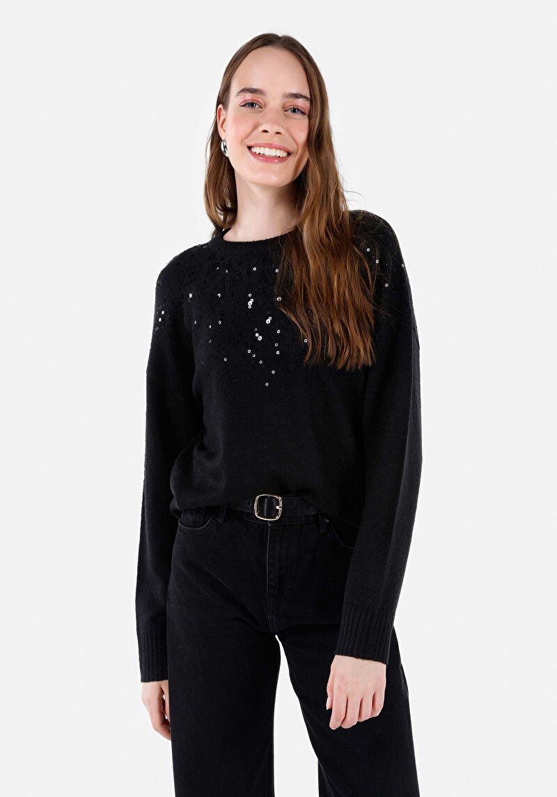 Изображение Женский чёрный свитер с круглым вырезом, прямым силуэтом и обычным кроем