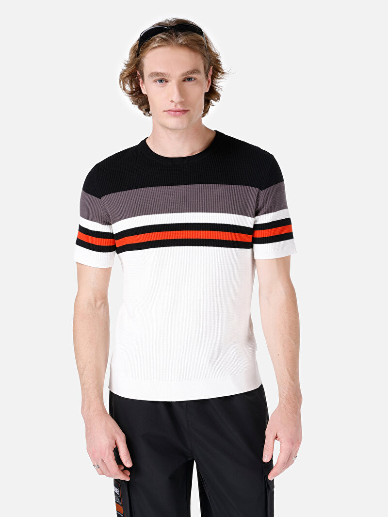 Изображение Мужской белый жаккардовый свитер с круглым вырезом