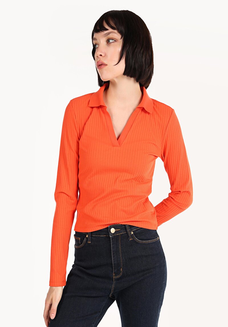 Изображение Женская оранжевая футболка-поло с длинными рукавами slim fit