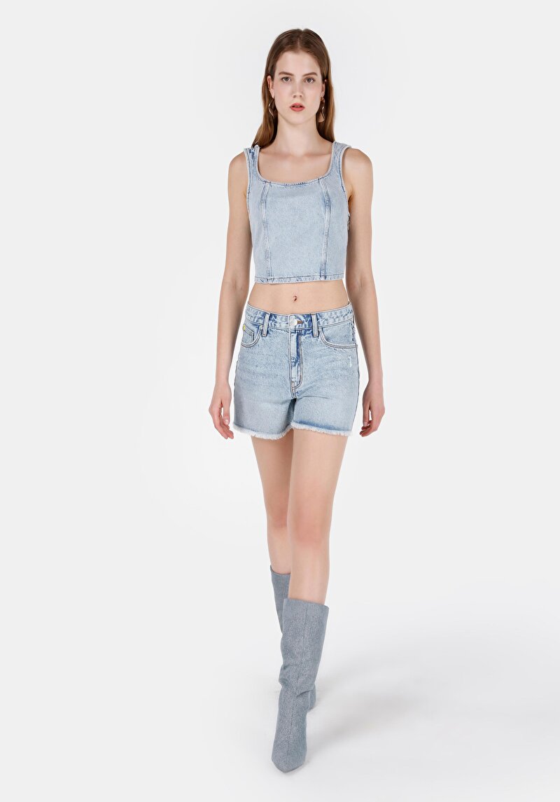 Изображение Женские джинсовые шорты цвета индиго с высокой посадкой mom fit