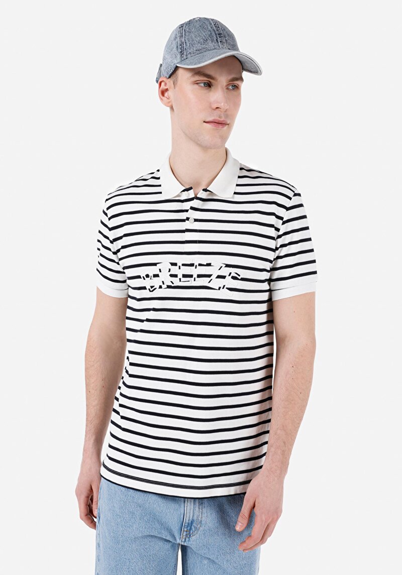 Изображение Мужская белая футболка-поло в полоску, стандартного кроя, с коротким рукавом