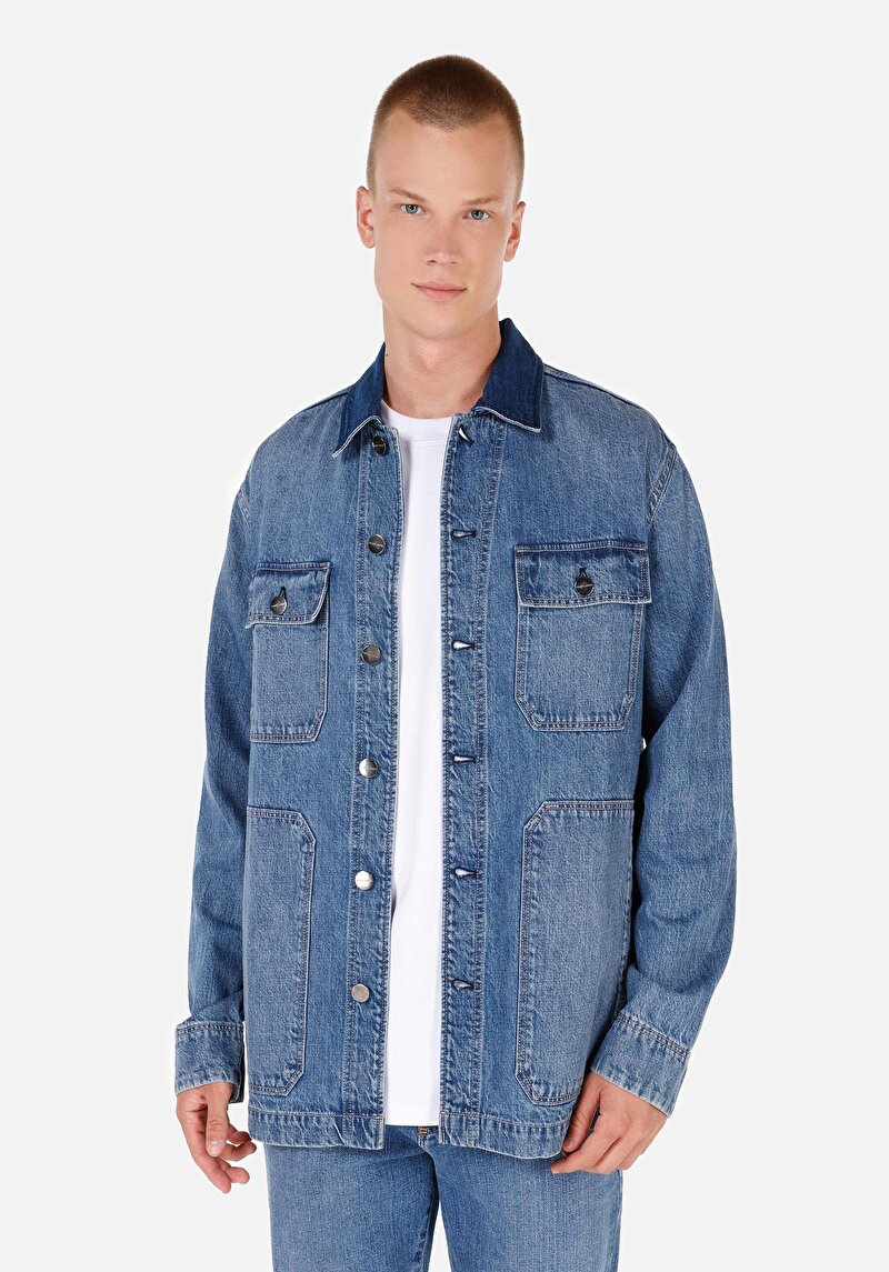 Изображение Мужской синий пиджак прямого кроя без подкладки с пуговицами