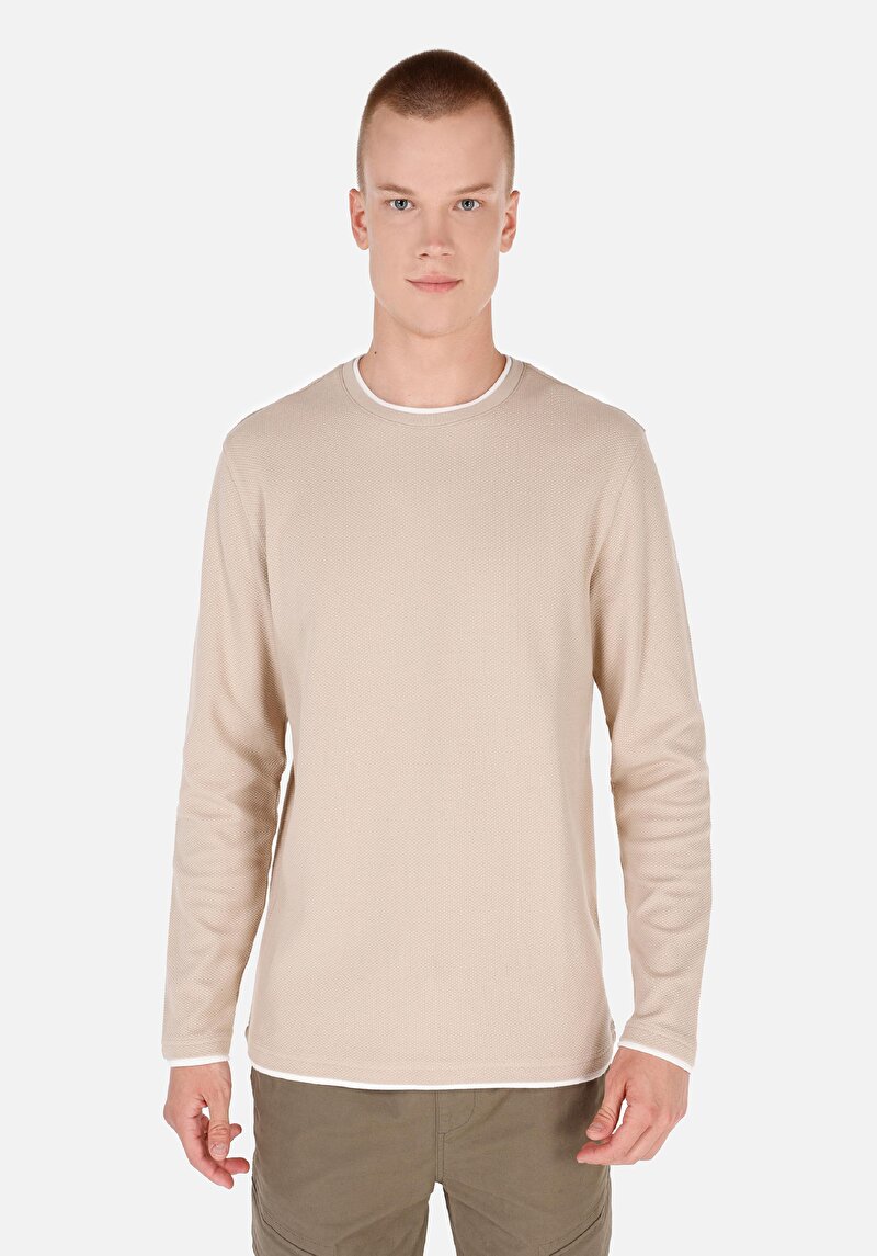 Изображение Мужская бежевая футболка базовая с круглым вырезом и длинным рукавом