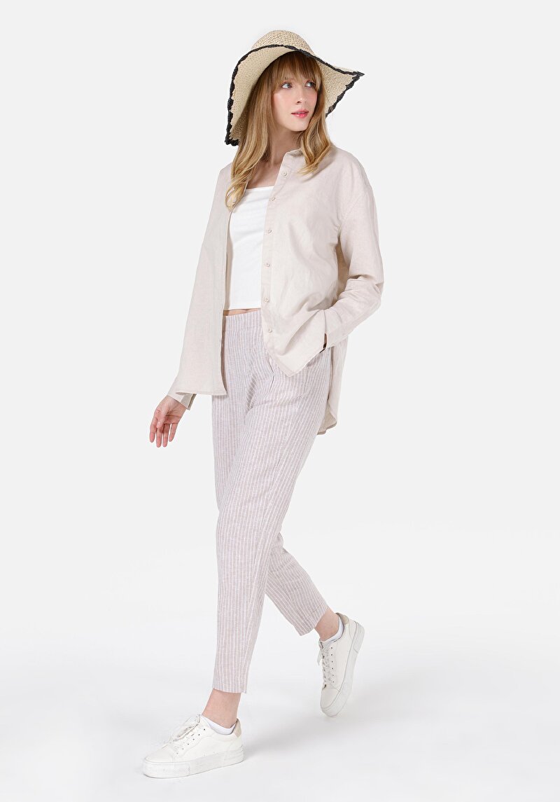 Показать информацию о Женские бежевые брюки прямого кроя, с заниженной талией