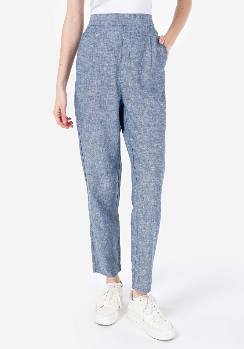 Показать информацию о Женские синие брюки прямого кроя, с заниженной талией