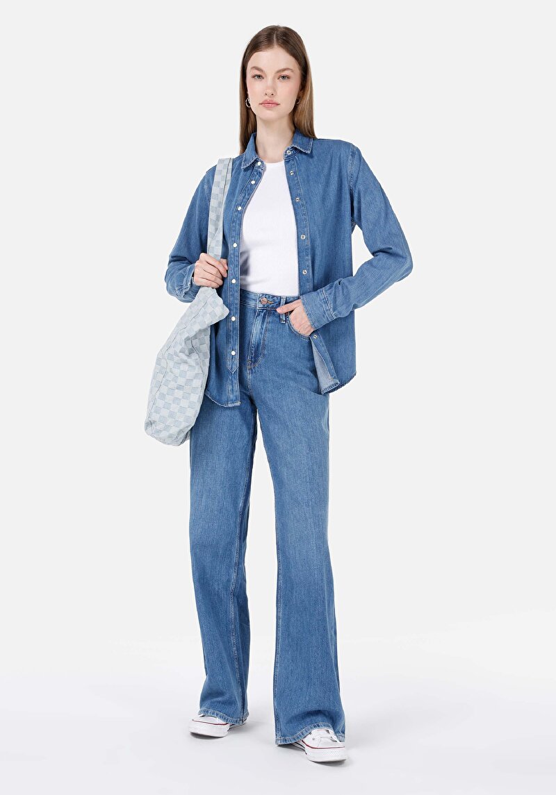 Изображение Женские джинсы цвета индиго с высокой талией и широкими штанинами, обычного кроя