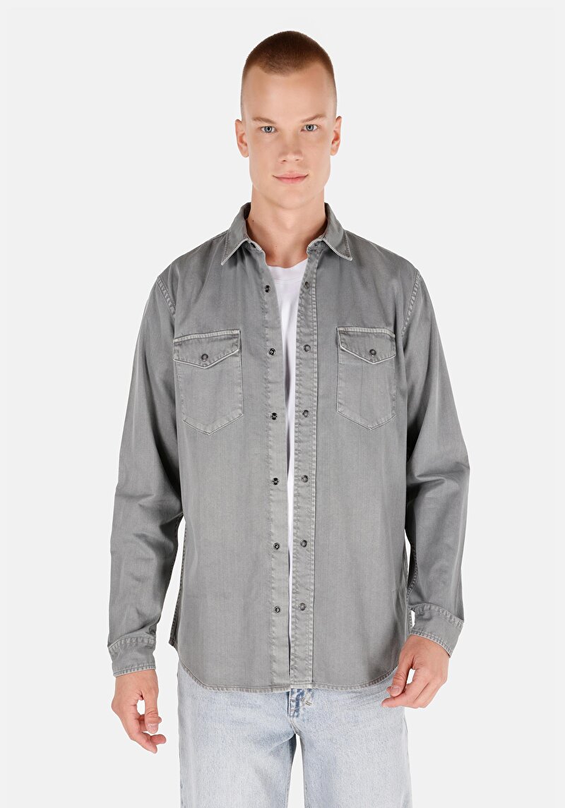 Изображение Мужская серая рубашка классический крой с длинными рукавами