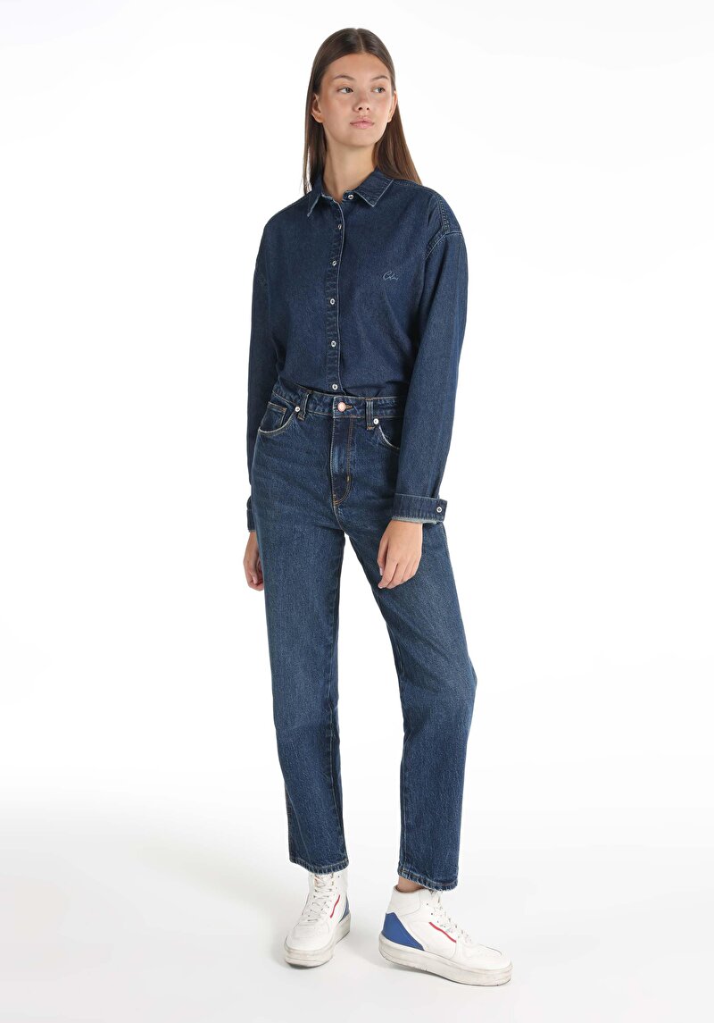 Изображение Женские джинсы цвета индиго, прямого кроя, с завышенной талией