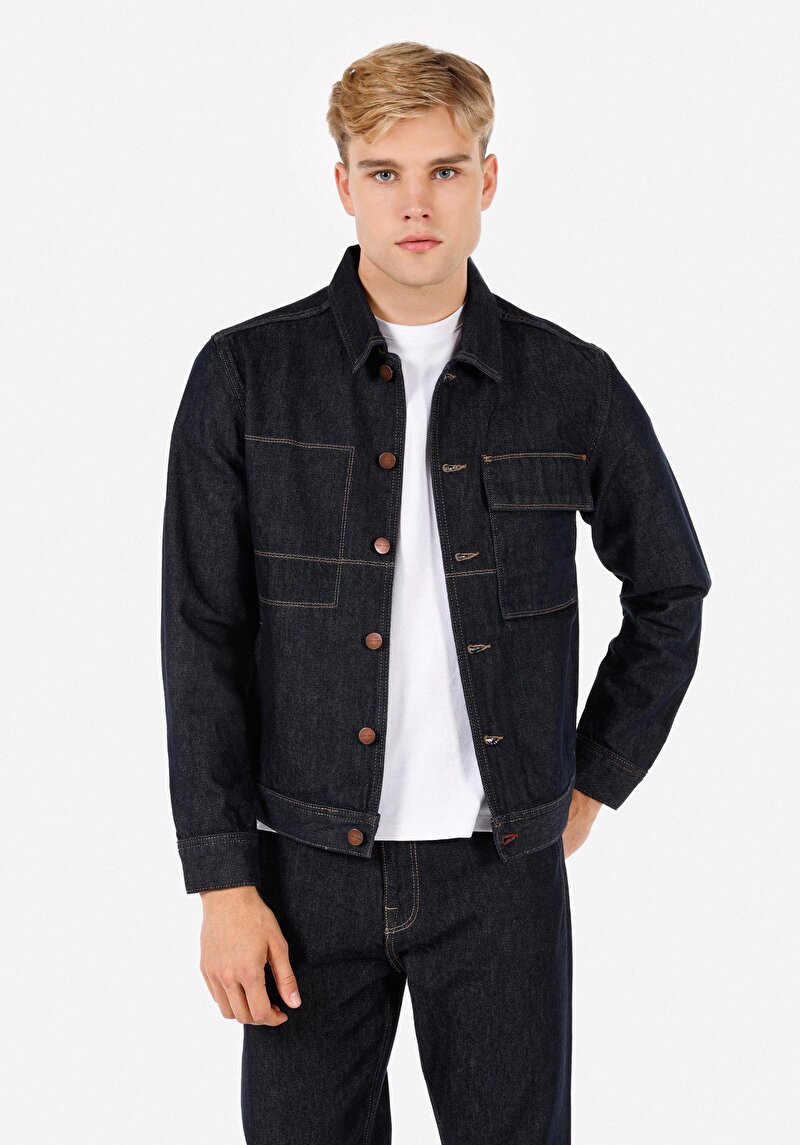 Изображение Мужской синий пиджак прямого кроя без подкладки с пуговицами