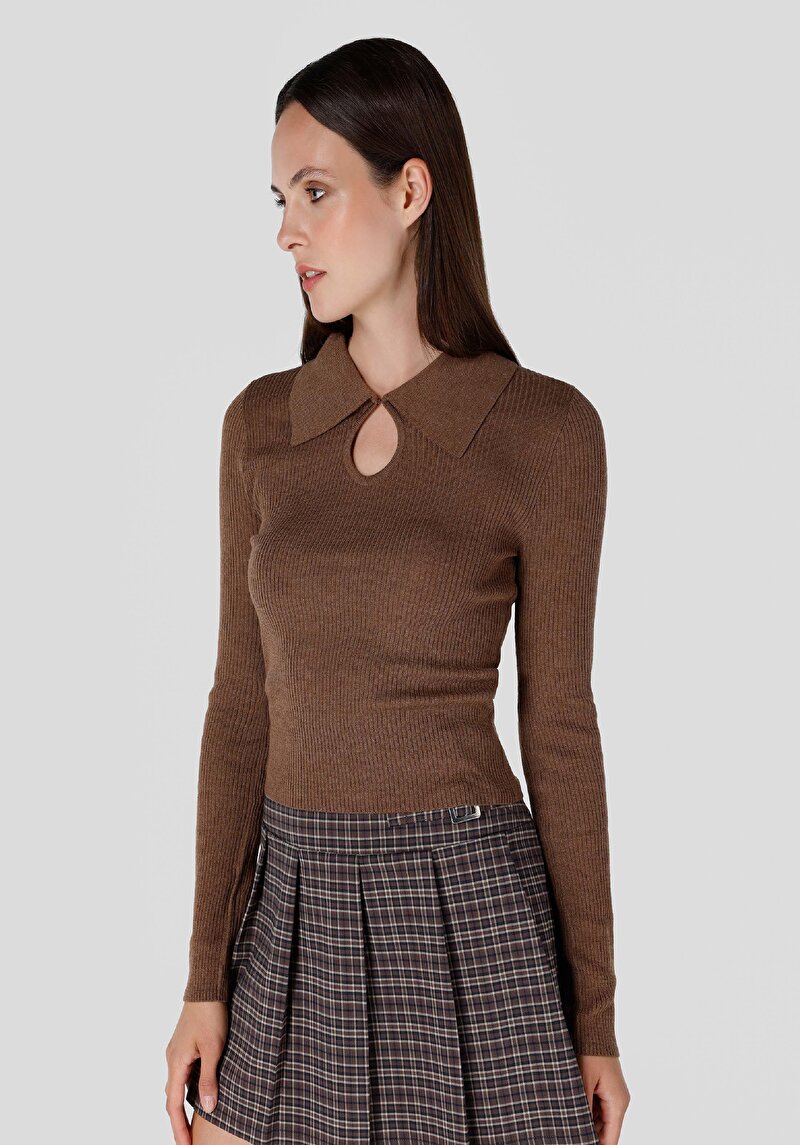 Изображение Женский коричневый свитер с воротником поло приталенный