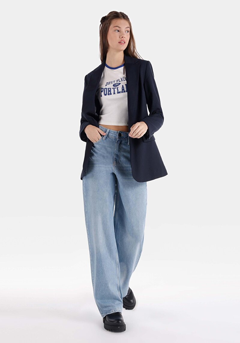 Изображение Женские джинсы цвета индиго с высокой талией и широкими штанинами, обычного кроя