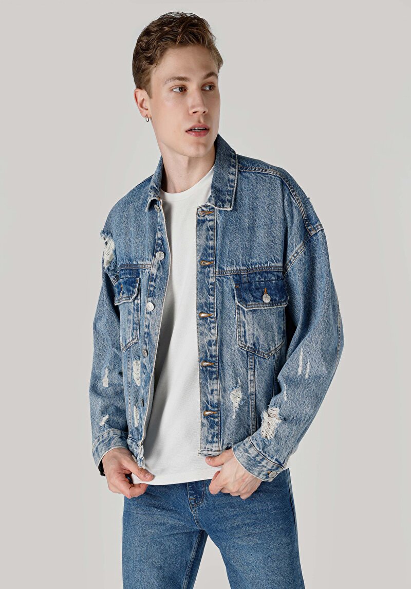 Изображение Мужская синяя куртка оверсайз крой без подкладки на молнии