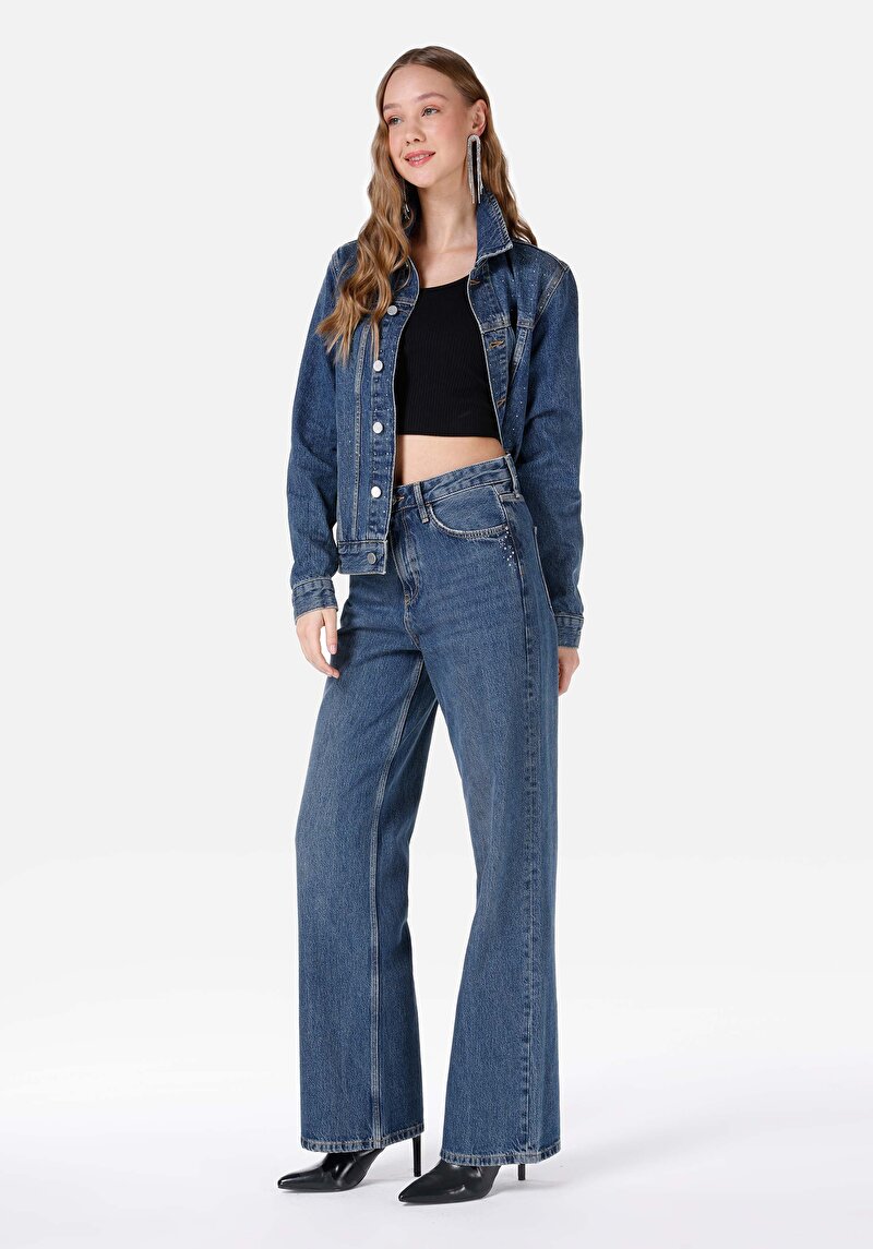 Изображение Женские джинсы цвета индиго с высокой талией и широкими штанинами, обычного кроя