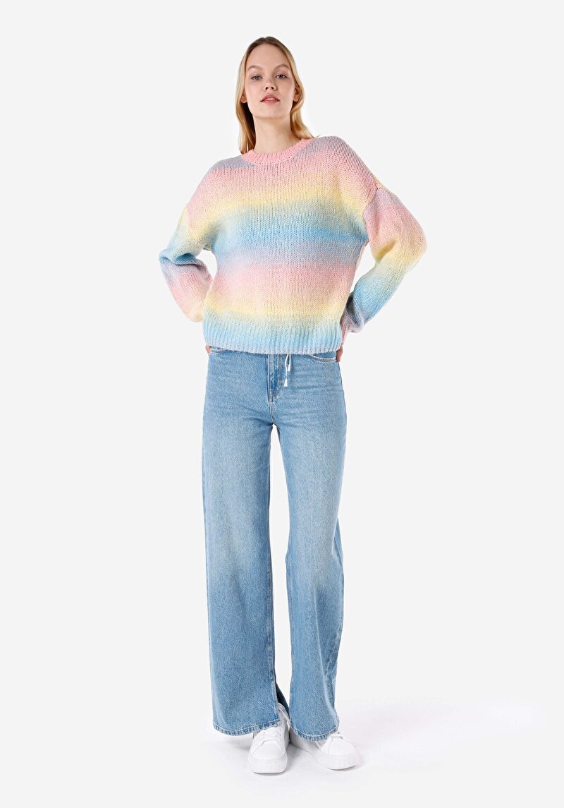 Показать информацию о Женский разноцветный свитер с круглым вырезом, стандартного кроя