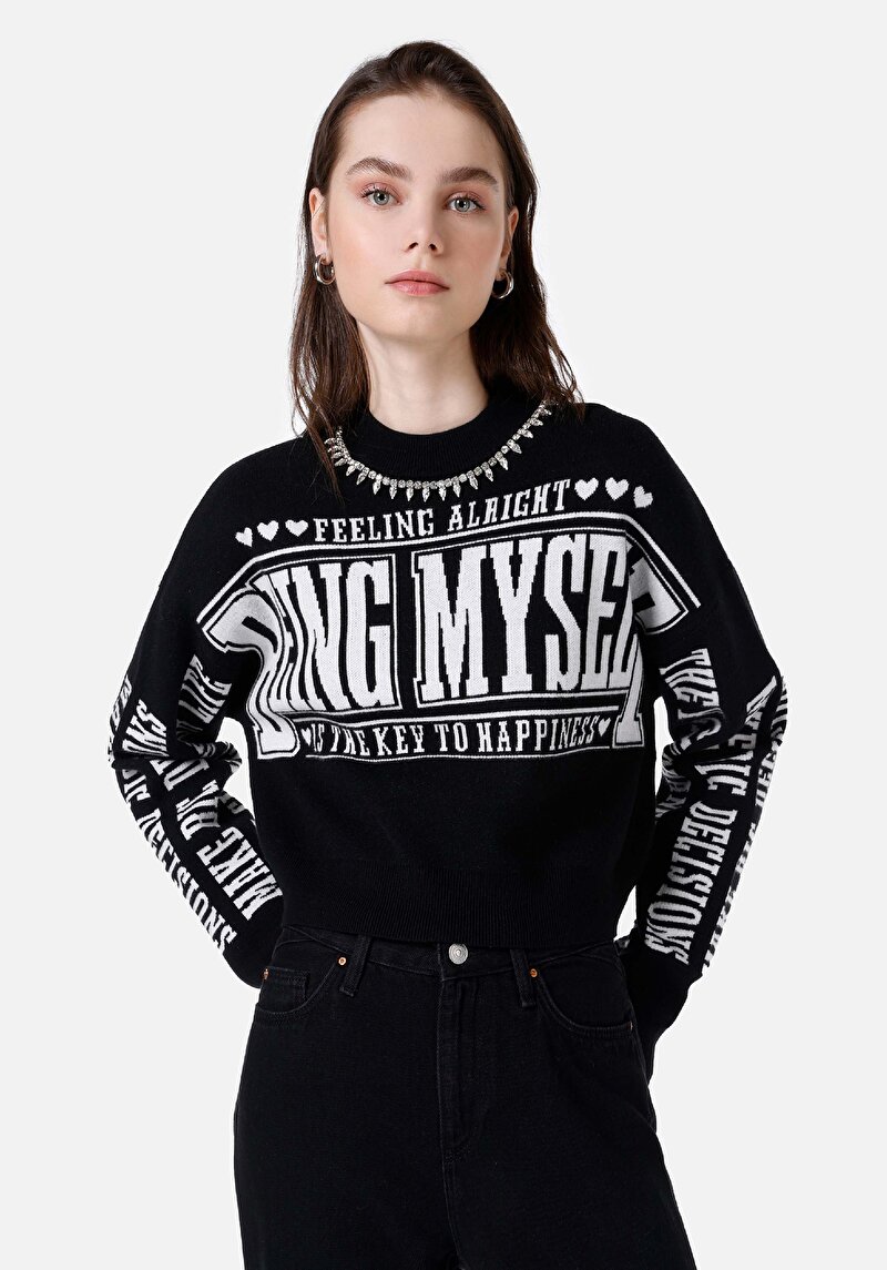 Изображение Женский чёрный свитер с круглым вырезом, стандартного кроя