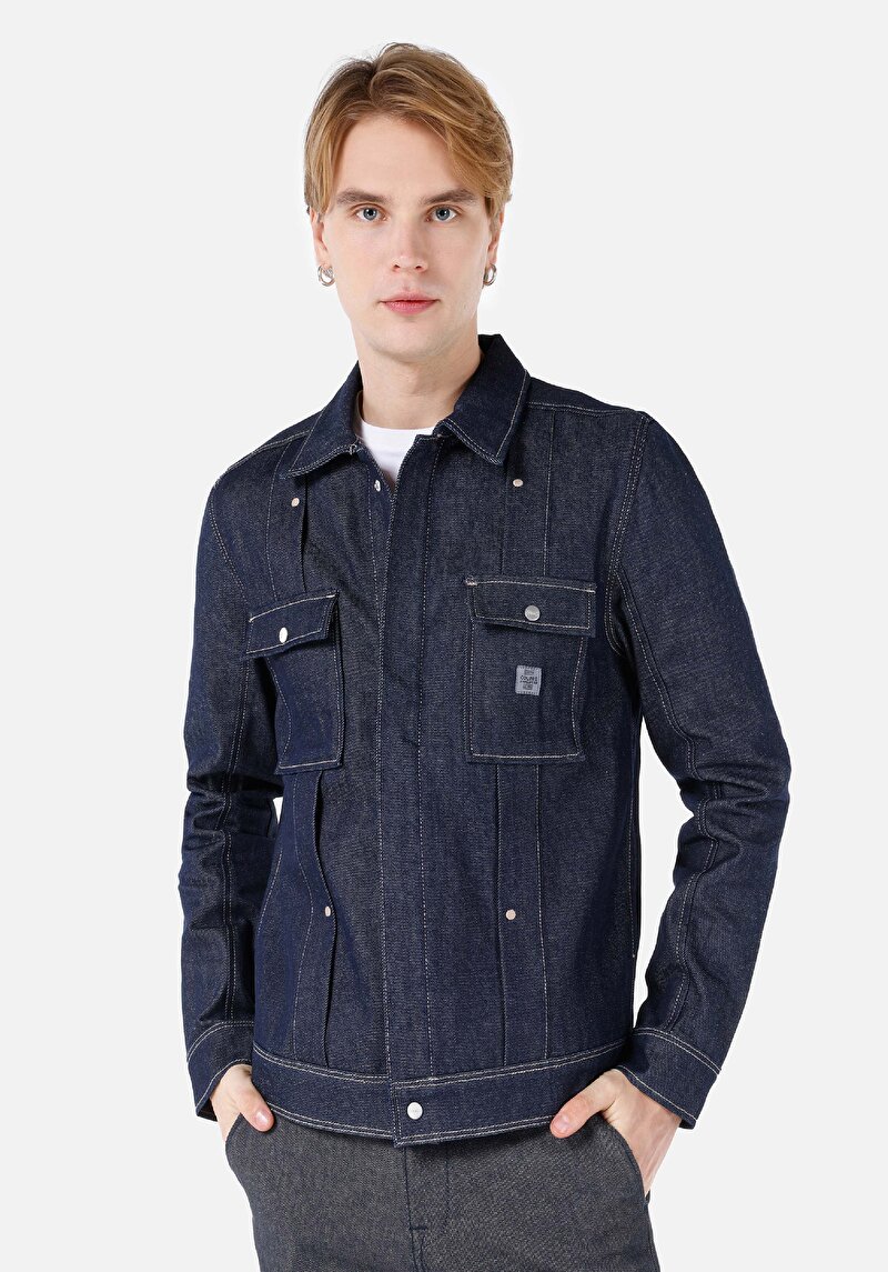 Изображение Мужской темно-синий пиджак стандартного кроя на пуговицах без подкладки