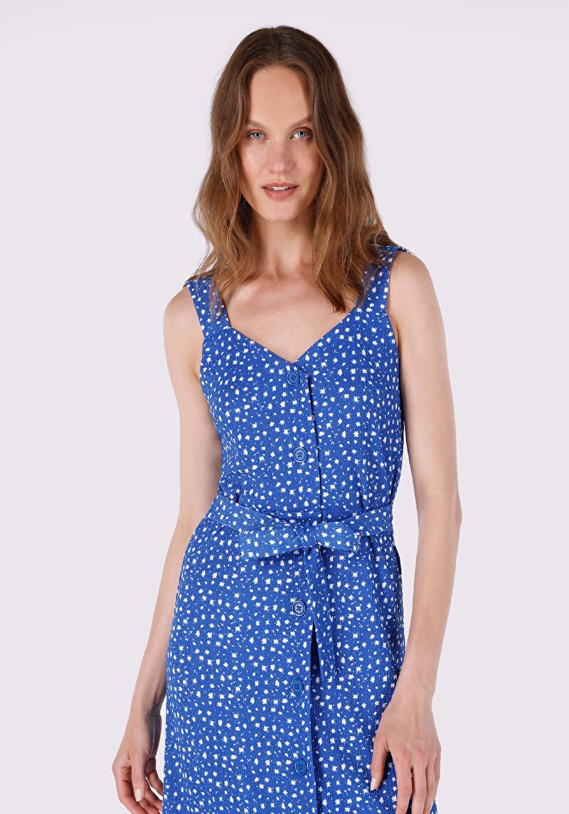 Показать информацию о Женское синее платье с короткими рукавами стандартного кроя