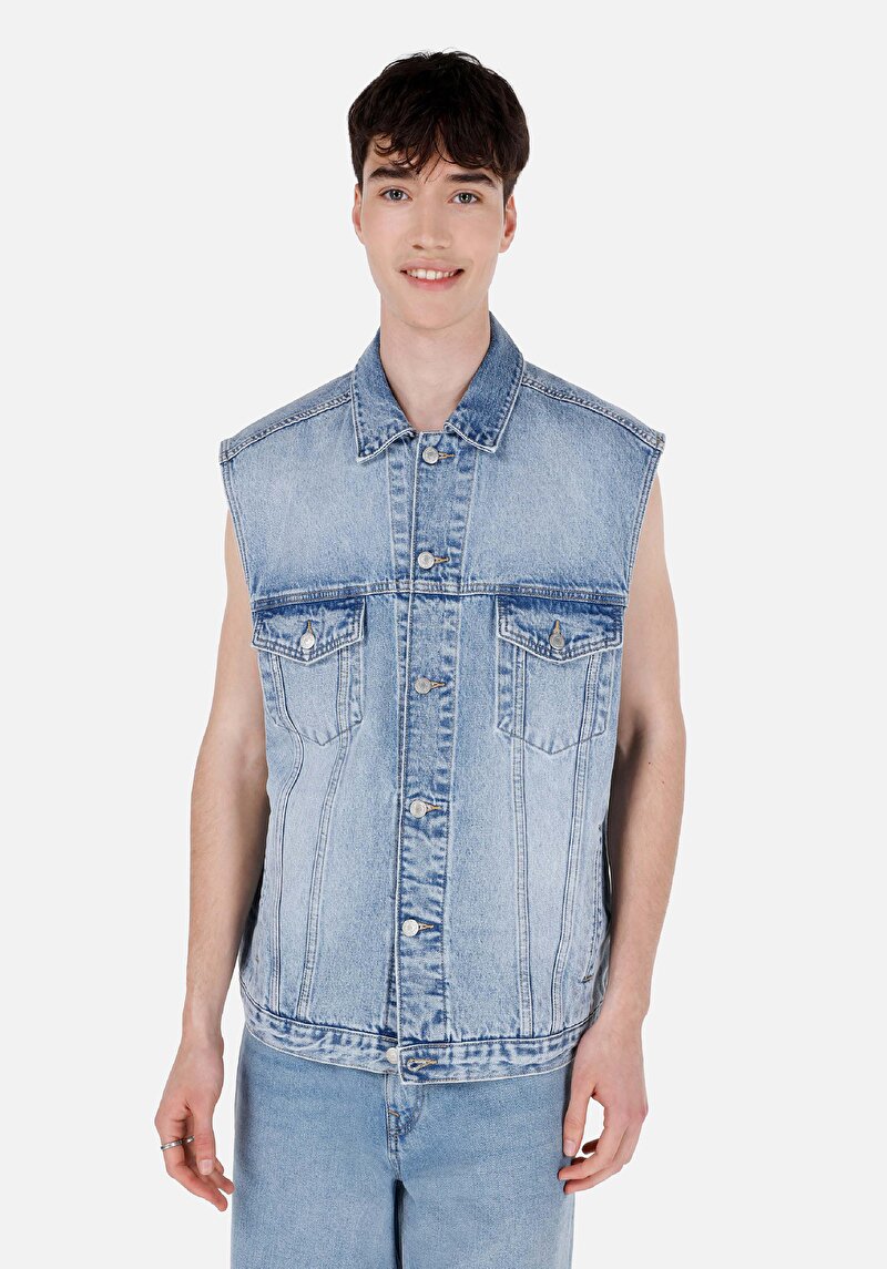 Изображение Мужской темно-синий жилет оверсайз, классический воротник, на пуговицах, без подкладки