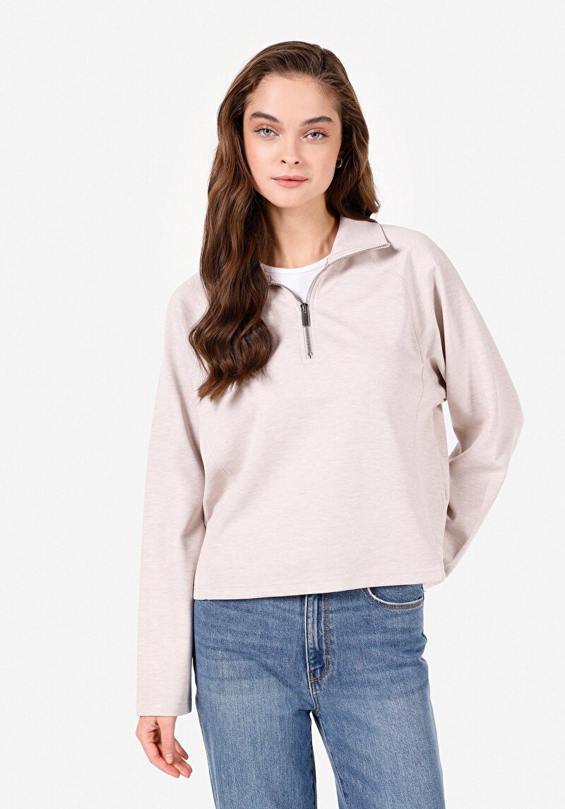 Изображение Женская серая футболка прямого кроя на молнии с длинным рукавом