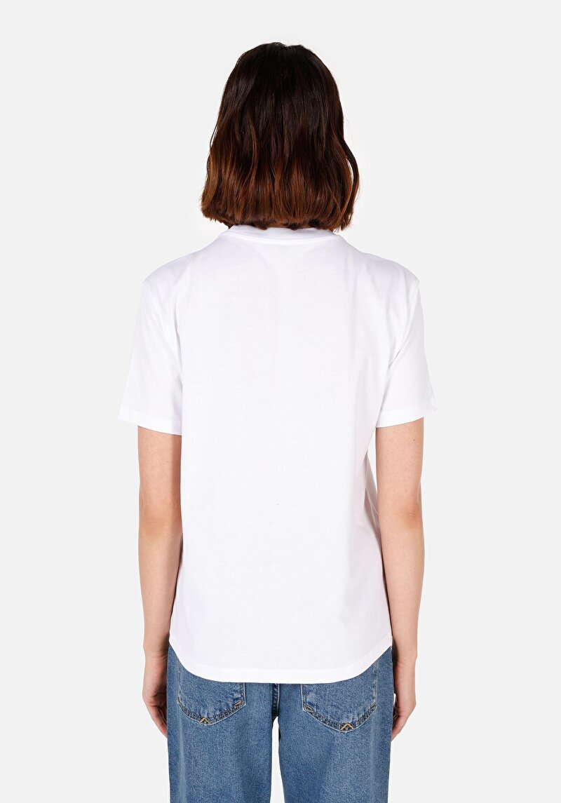 Показать информацию о Женская белая футболка стандартного кроя с коротким рукавом, круглым вырезом и принтом