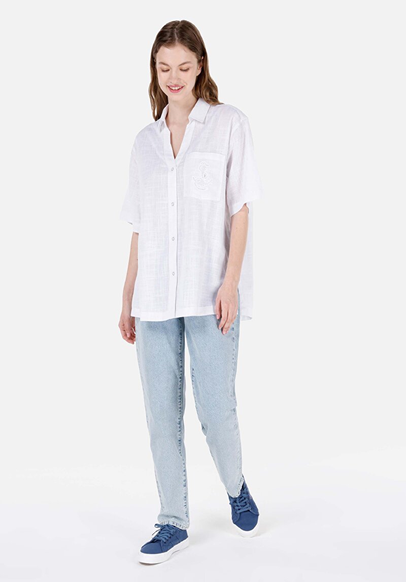 Показать информацию о женская белая рубашка прямого кроя с короткими рукавами relax fit