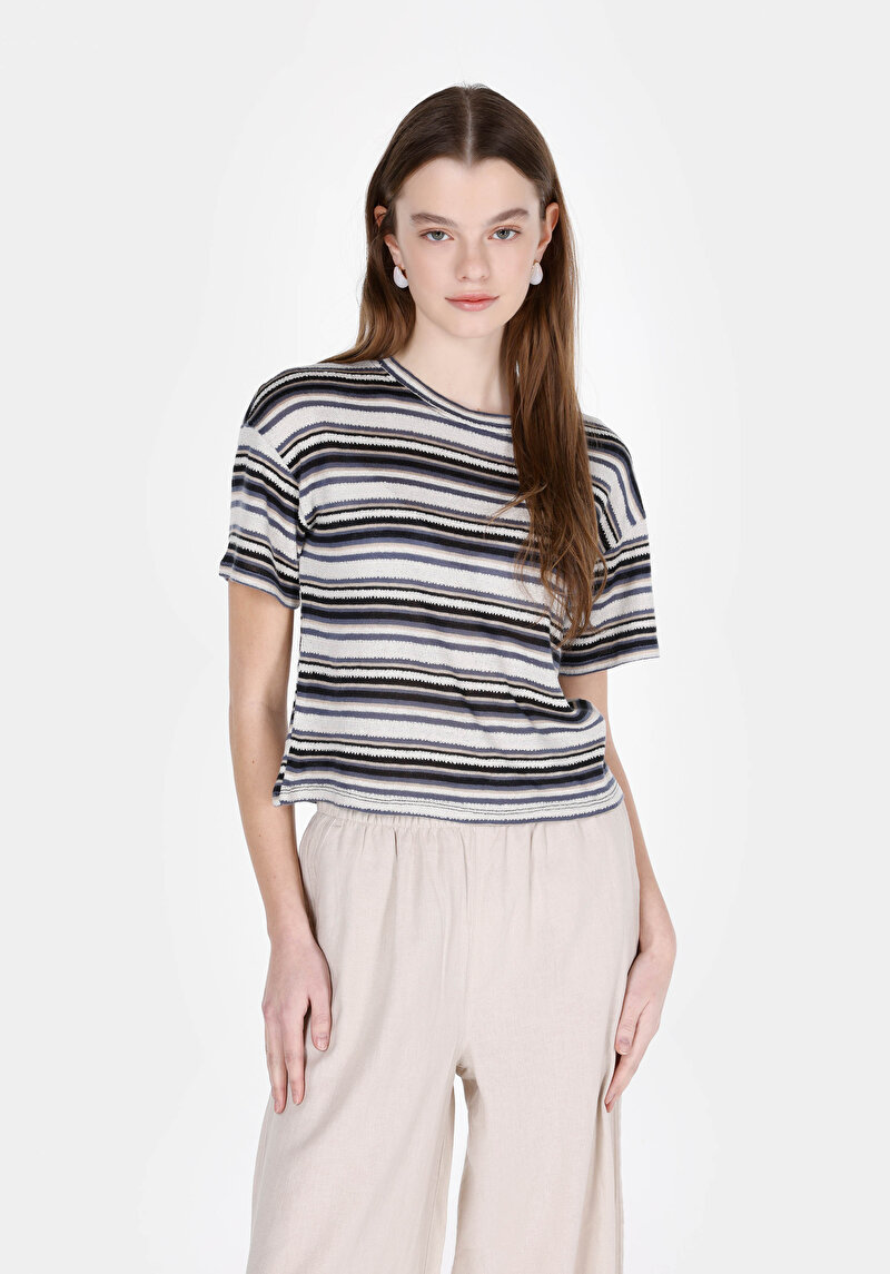 Изображение Женская разноцветная футболка в полоску с коротким рукавом и круглым воротником, обычного кроя