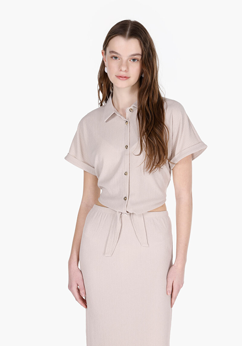 Изображение Женская бежевая жаккардовая футболка с короткими рукавами, стандартного кроя