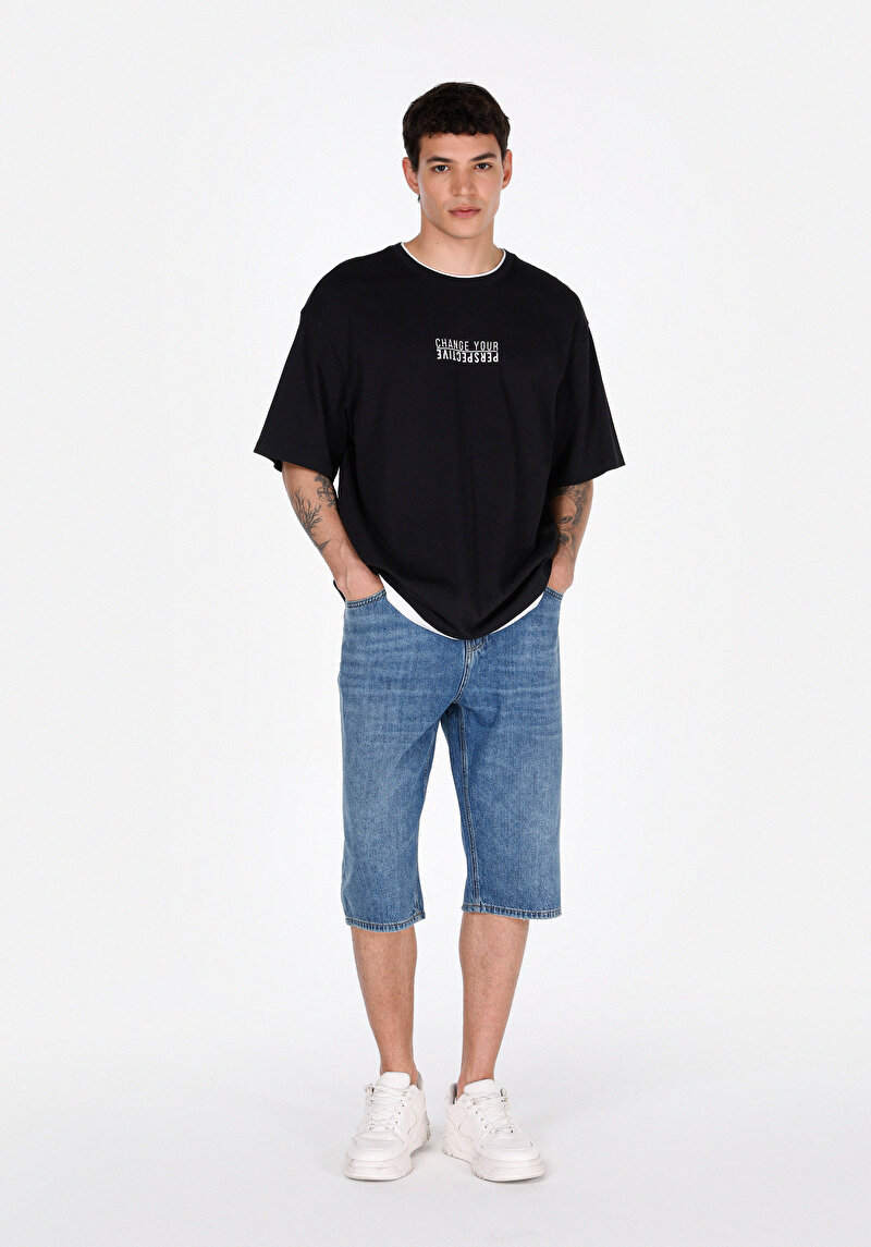 Изображение Мужские джинсовые шорты цвета индиго, прямого силуэта, средней посадки